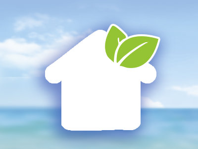 Une maison blanche stylisée avec des feuilles vertes, symbole d'habitat écologique.