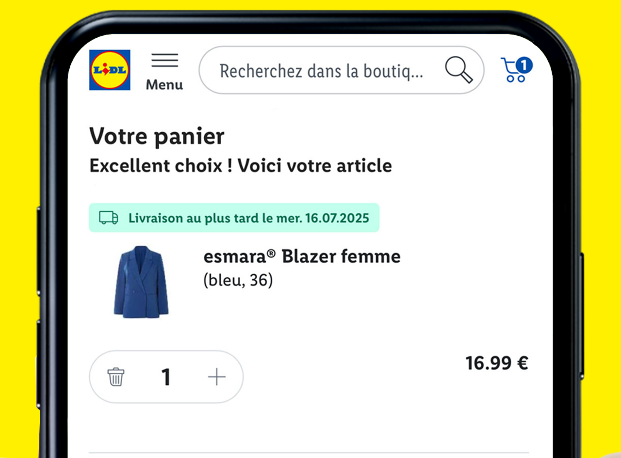 Panier Lidl : Blazer femme esmara bleu, taille 36, 16,99€