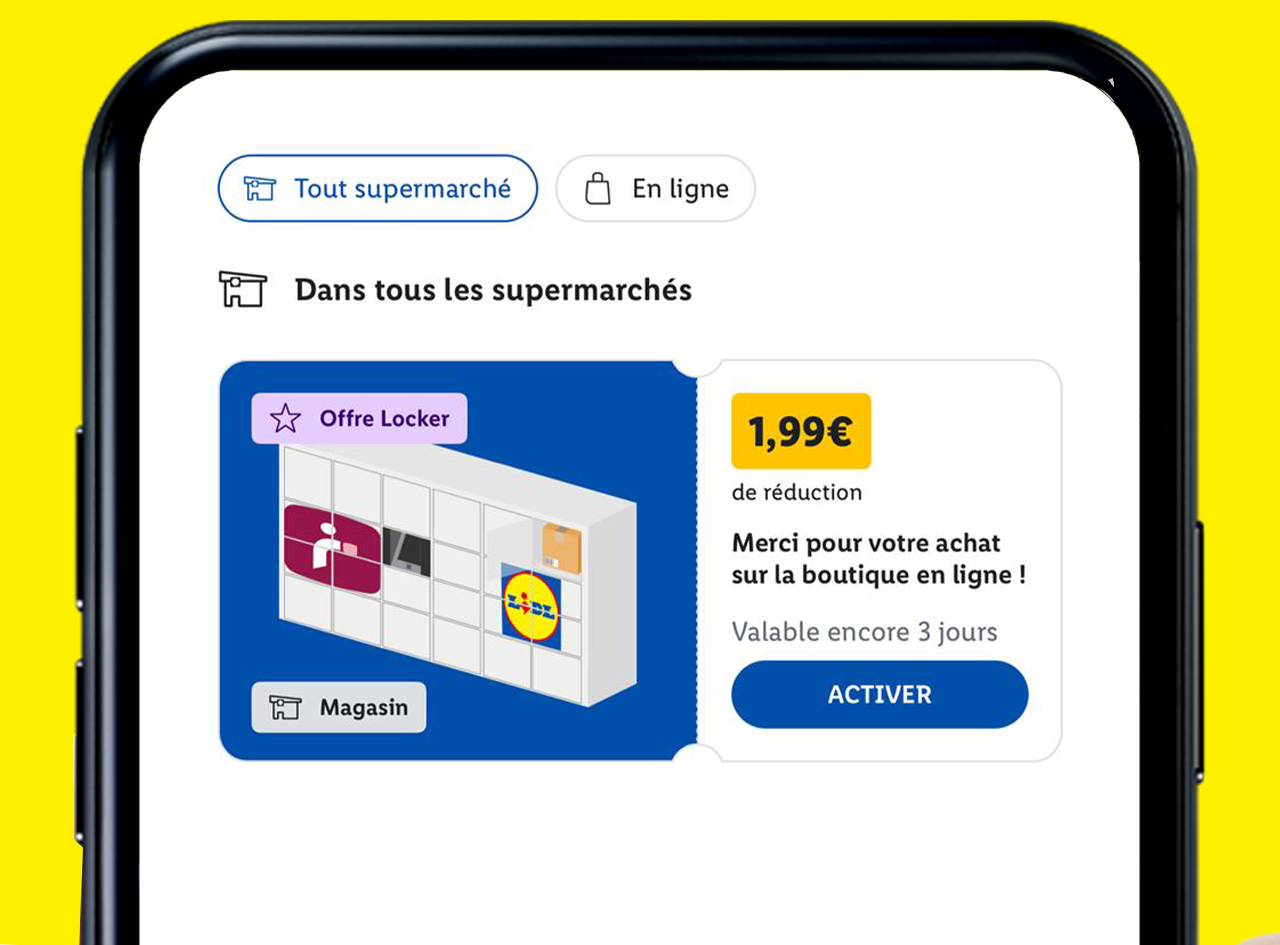 Une application mobile affichant une offre de réduction de 1,99 € pour un achat en ligne, avec une option de casier de retrait.