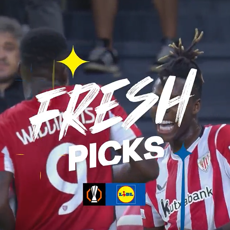 Joueurs de football en maillots rouges et blancs avec le texte 'FRESH PICKS' et le logo Lidl.