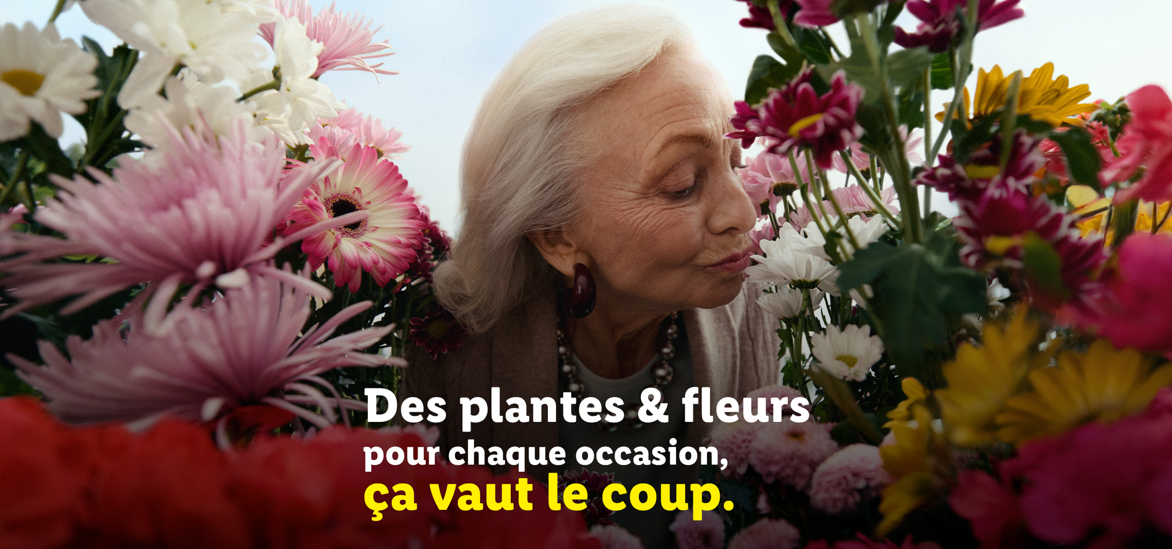 Une femme âgée sent des fleurs colorées avec le texte : Des plantes & fleurs pour chaque occasion, ça vaut le coup.