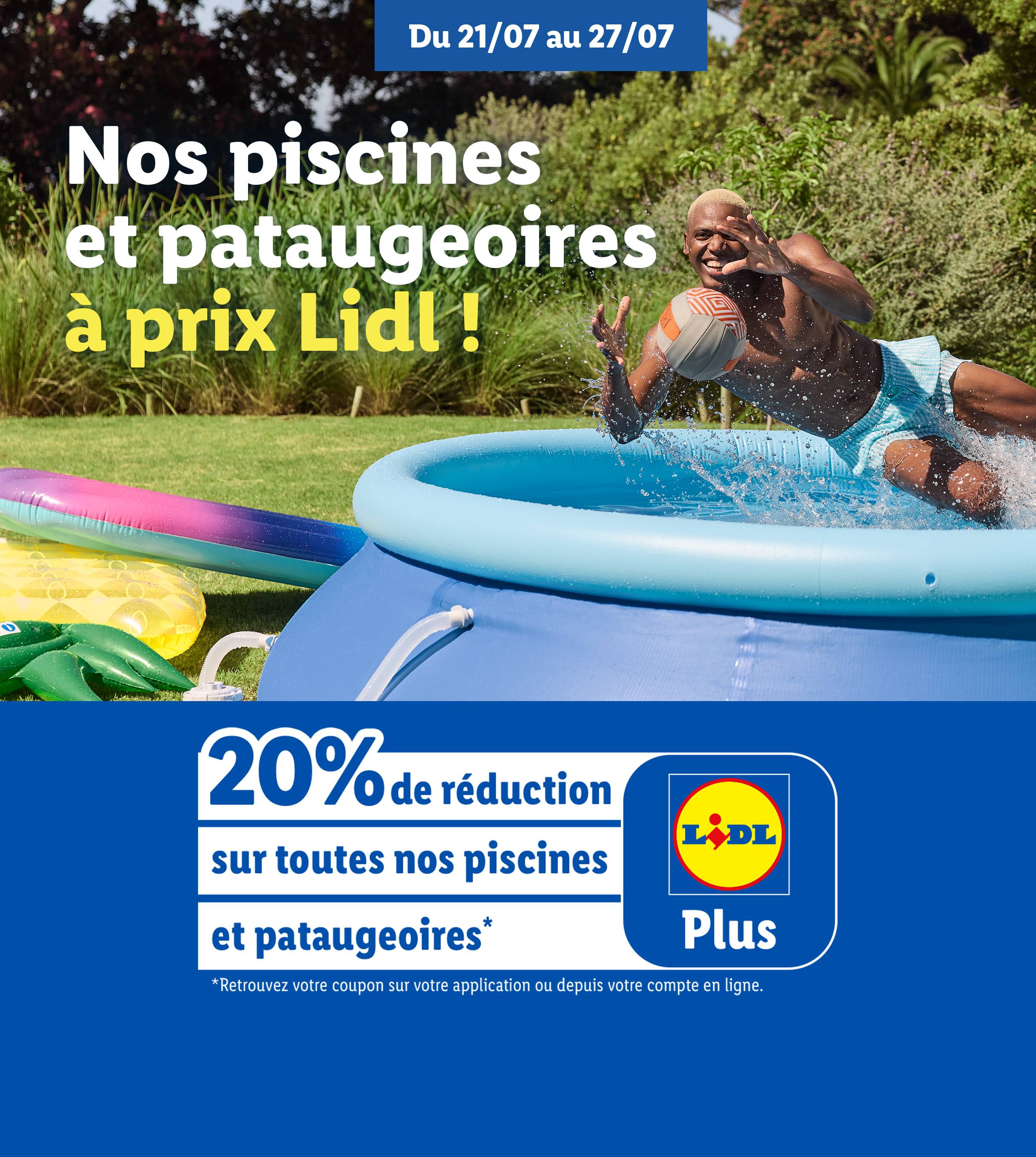 Lidl Plus offre 20% de réduction sur les piscines et pataugeoires du 21/07 au 27/07.