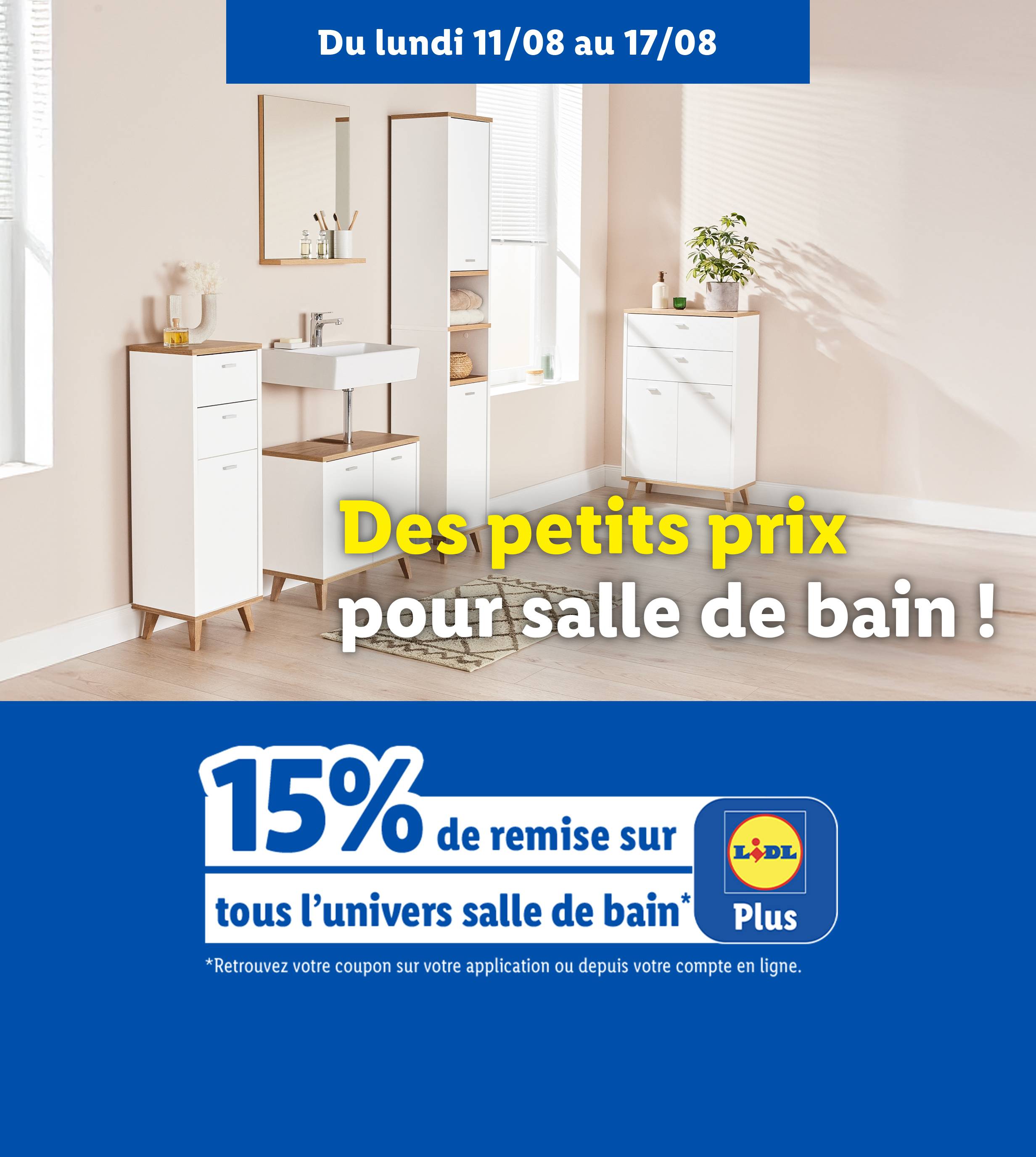Publicité Lidl pour des meubles de salle de bain blancs et bois, avec une offre de 15% de réduction.