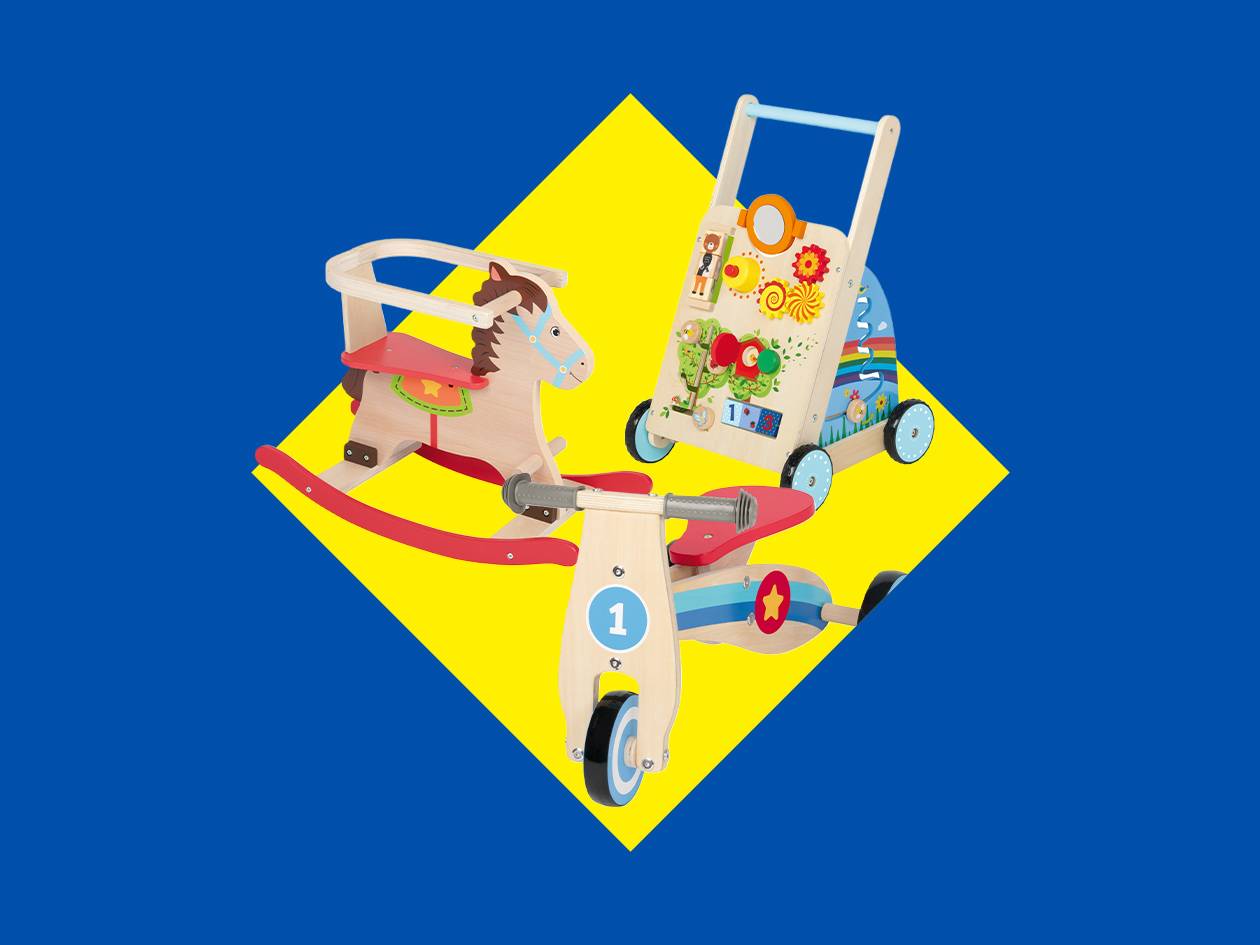 Cheval à bascule en bois, trotteur d'activités et draisienne pour enfants.