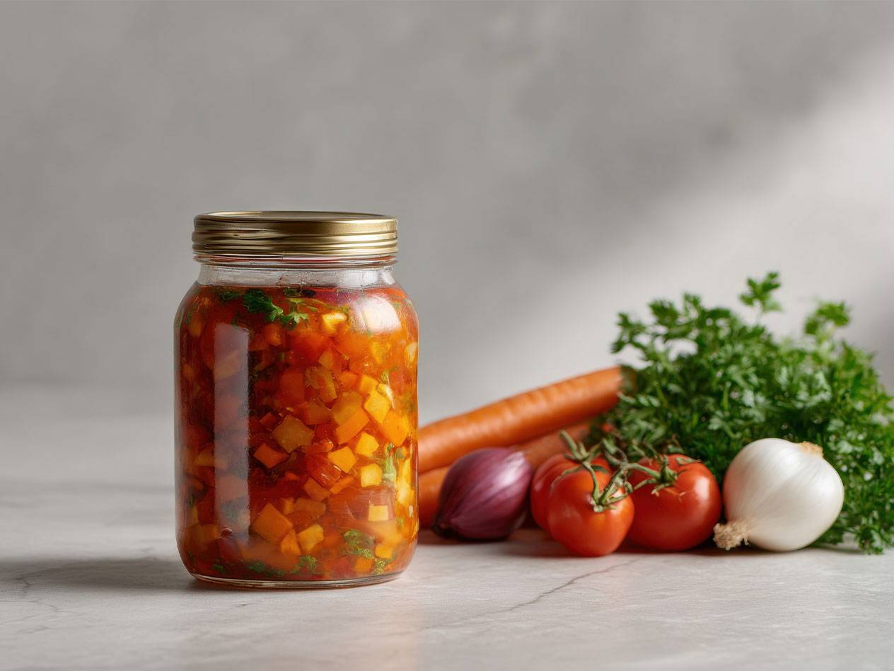 Bocal de légumes coupés en dés, avec des carottes, des tomates, des oignons et du persil frais.