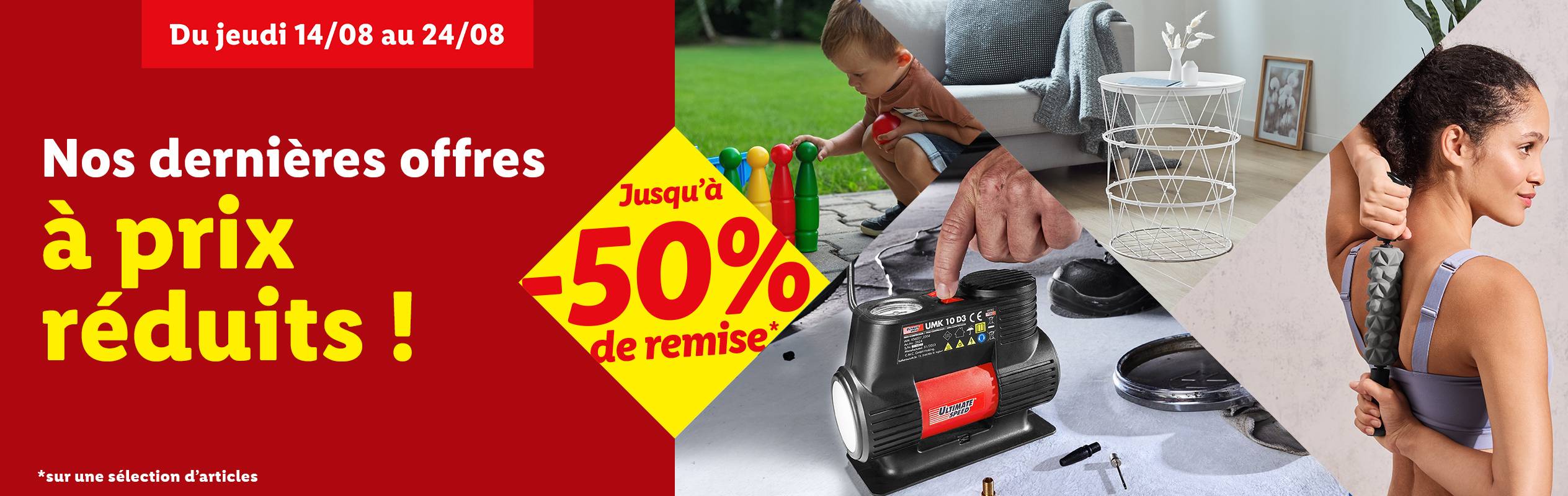 Publicité pour des offres spéciales avec des réductions allant jusqu'à 50% sur divers articles, y compris des jeux d'extérieur, des compresseurs d'air et des accessoires de massage.