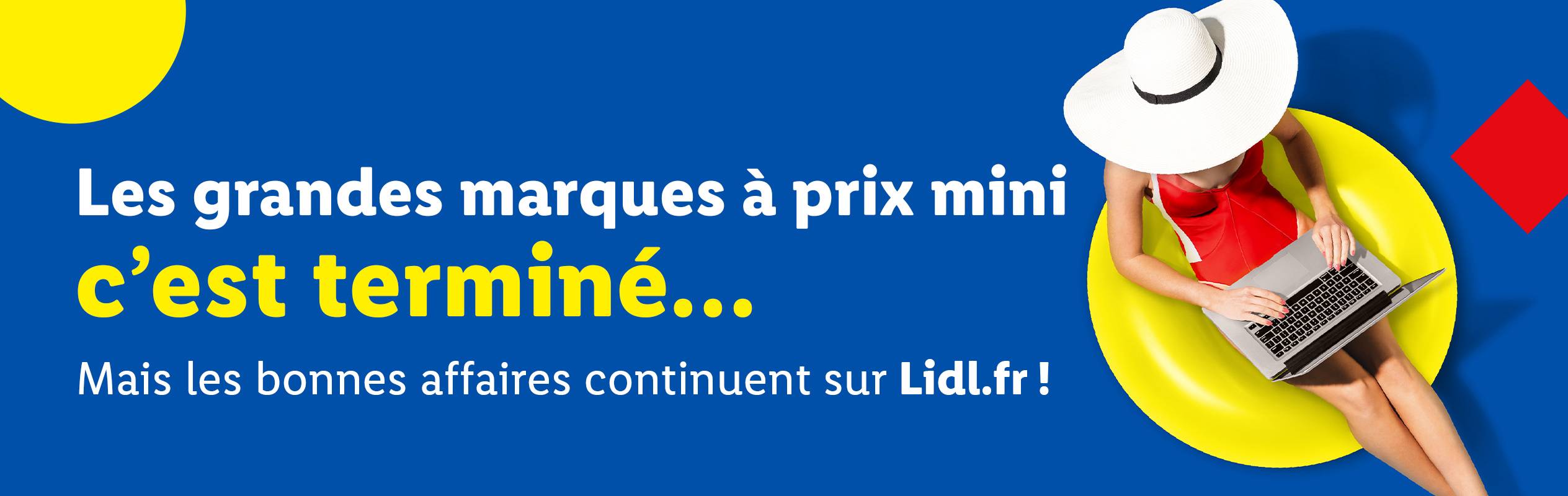 Une femme sur une bouée jaune avec un ordinateur portable, texte sur les marques et les offres Lidl.