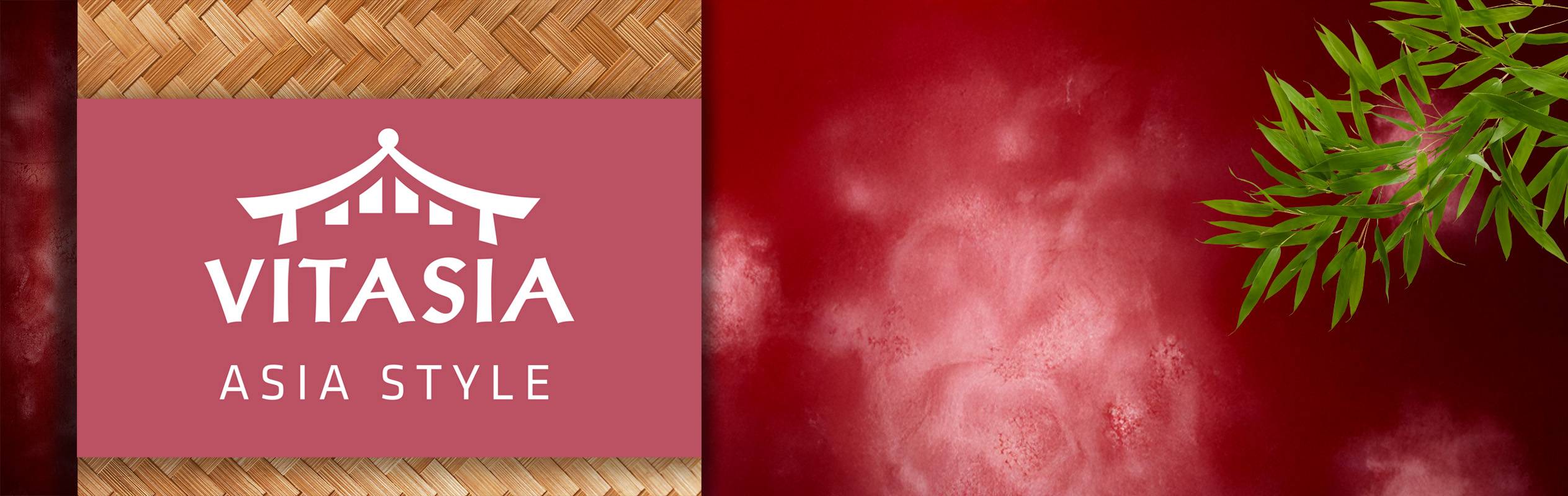 Logo Vitasia, style asiatique, sur fond rouge et bambou.