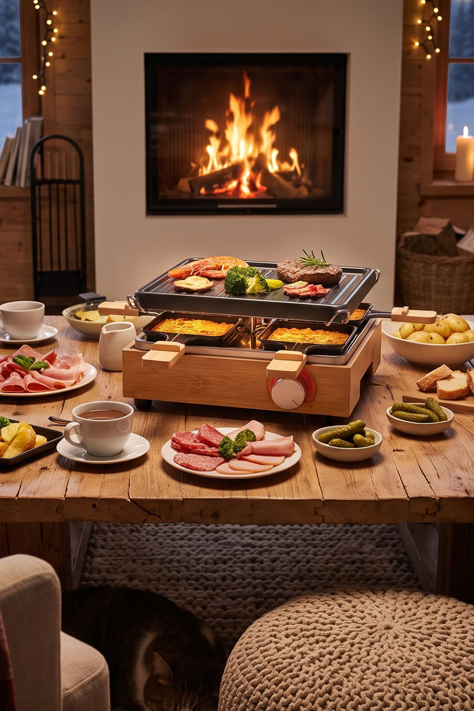 Un appareil à raclette en bois sur une table festive devant un feu de cheminée.