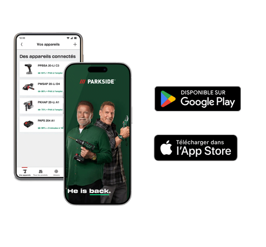Application mobile affichant des outils connectés avec des outils électriques, avec des liens de téléchargement pour Google Play et l'App Store.