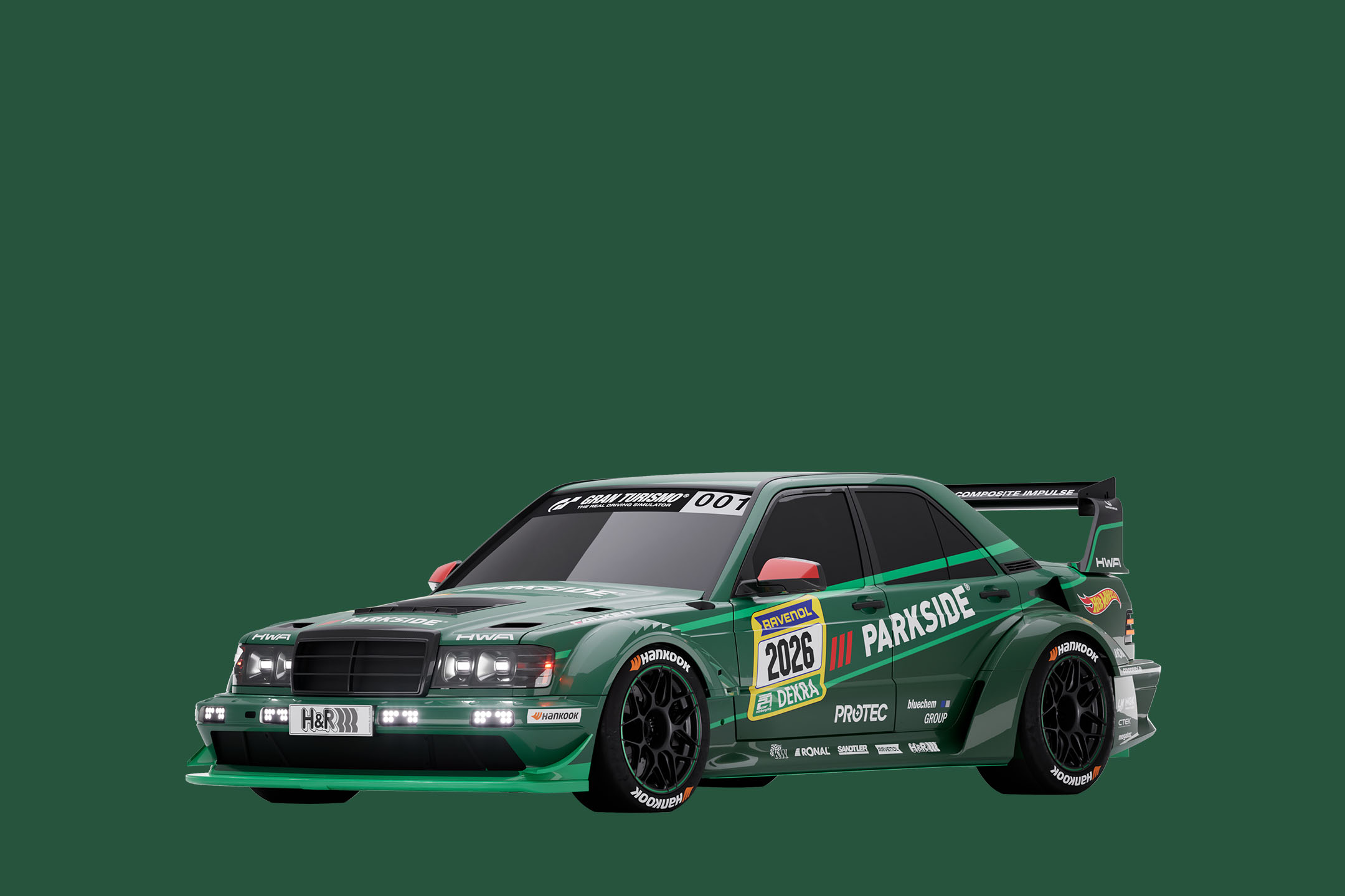 Une voiture de course verte avec des autocollants de sponsors sur fond vert.