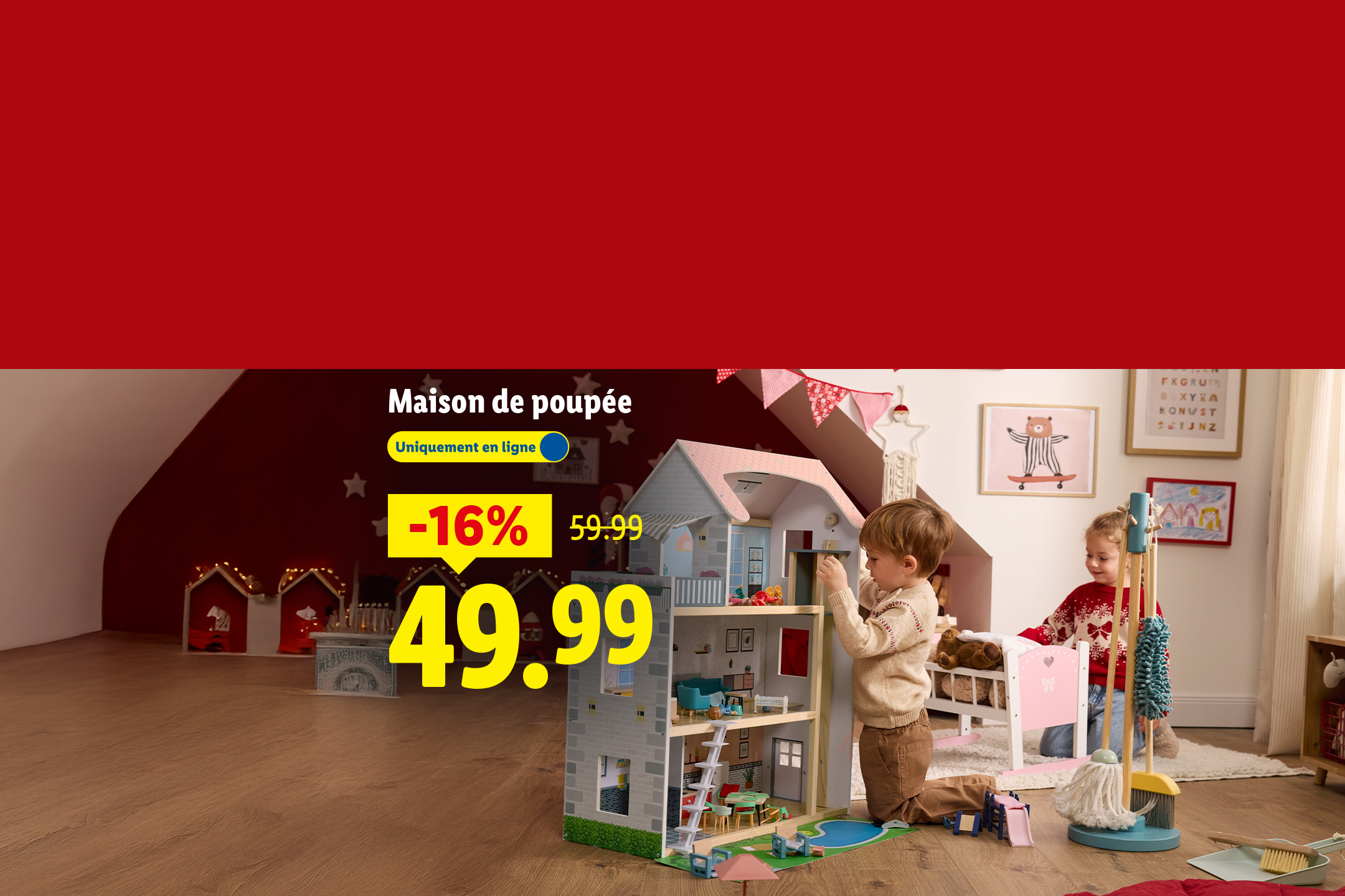 Maison de poupée en bois avec deux enfants qui jouent, en promotion à 49,99€.