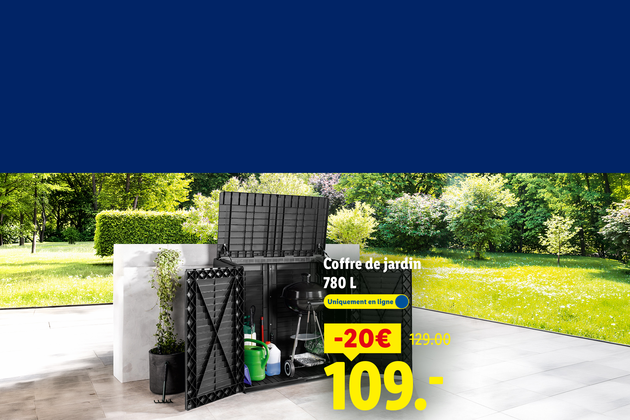 Coffre de jardin noir de 780 L avec barbecue et outils, en promotion à 109€.