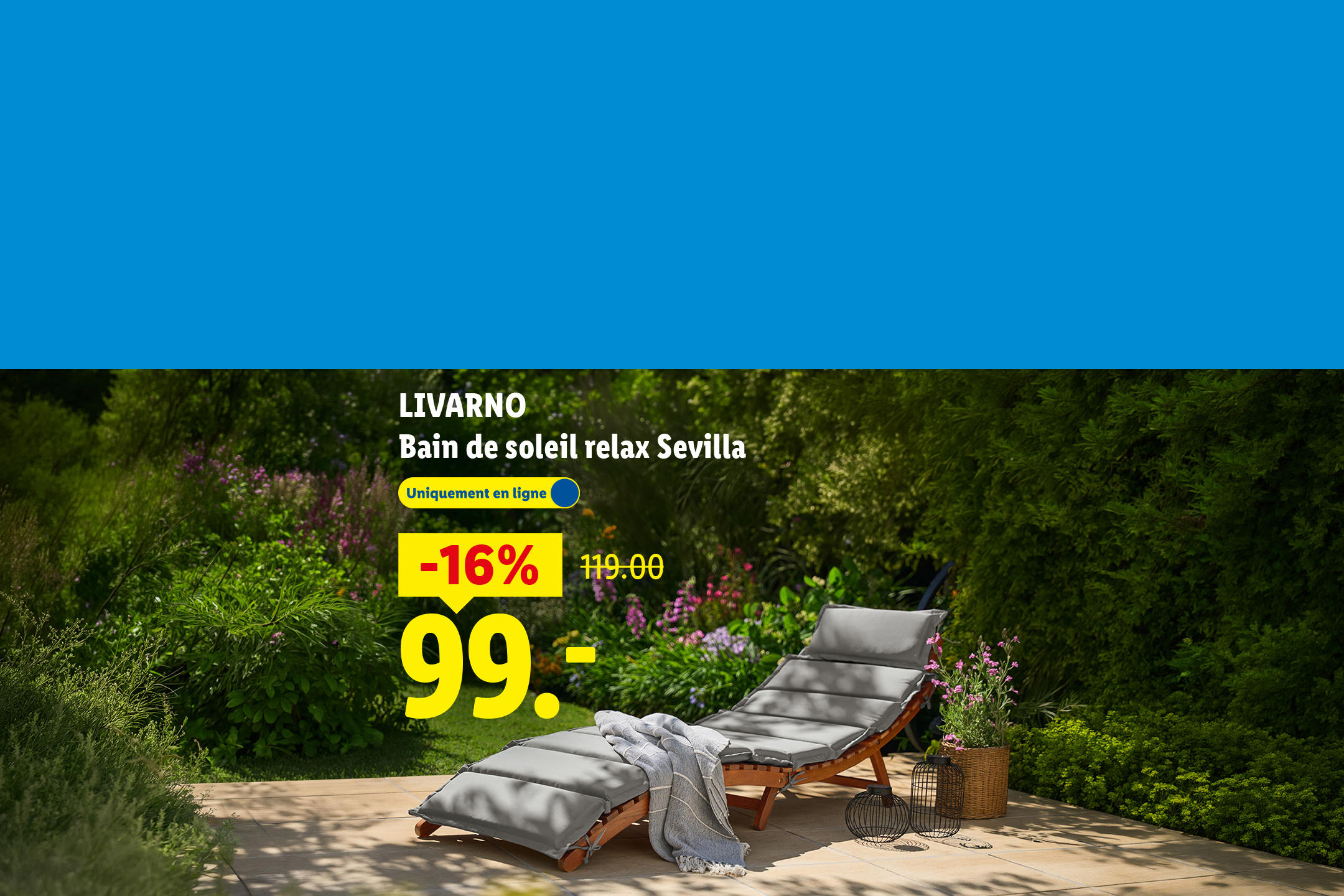 Bain de soleil relax Sevilla en bois et coussins gris, avec une réduction de 16% à 99€.
