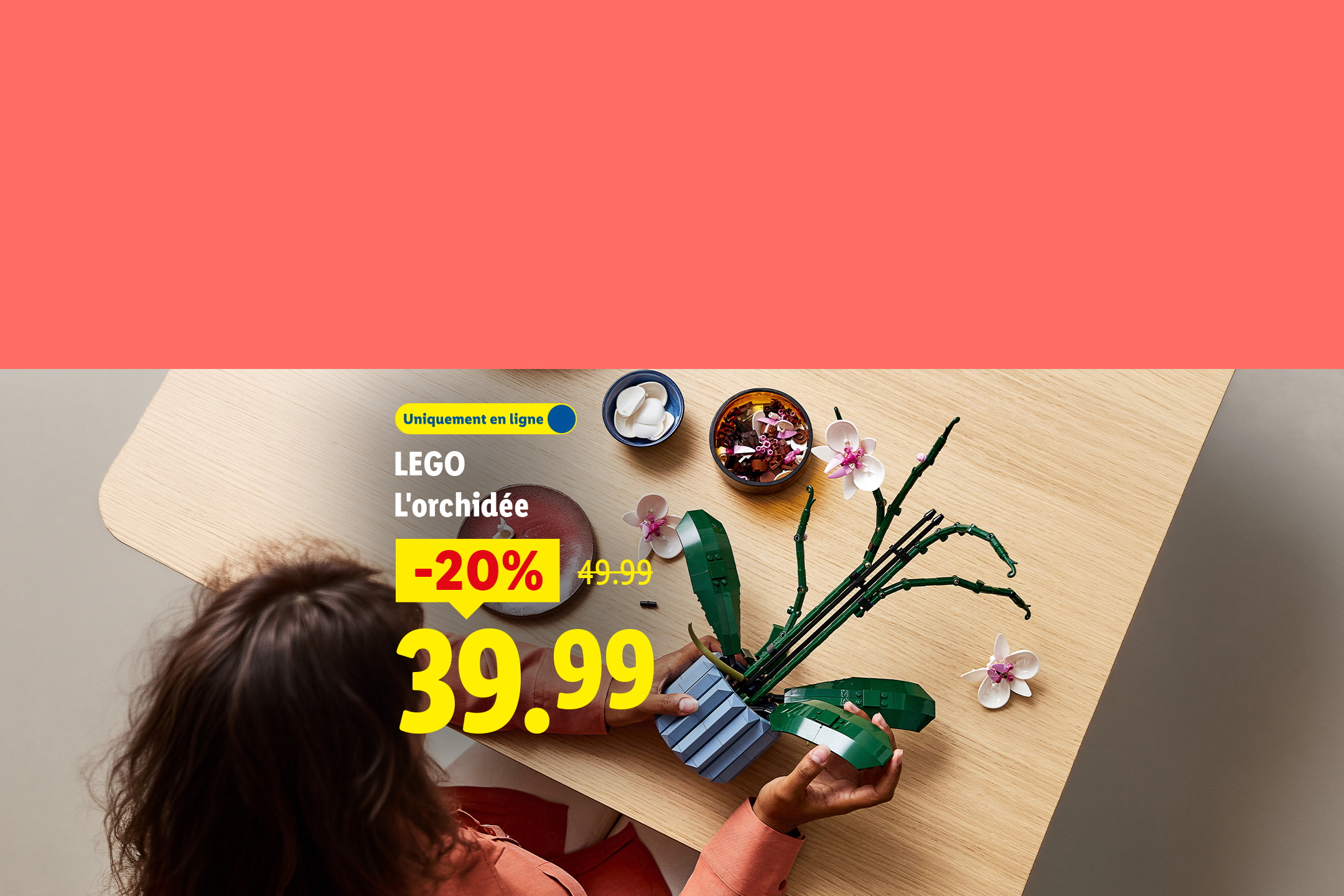 Une personne assemble une orchidée en briques, avec une réduction de 20% affichée.