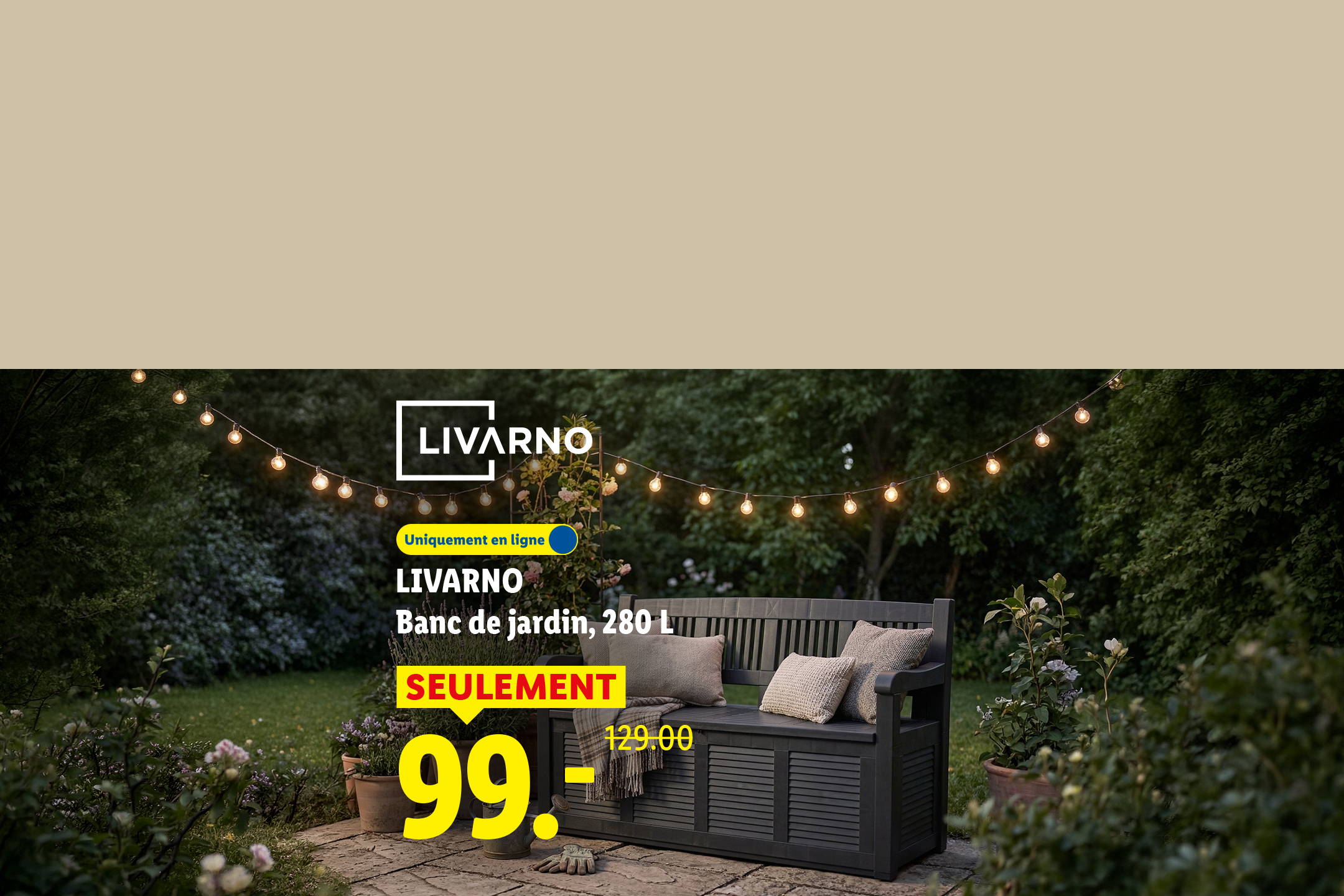 Banc de jardin avec rangement, 280 L, en promotion à 99.- au lieu de 129.-
