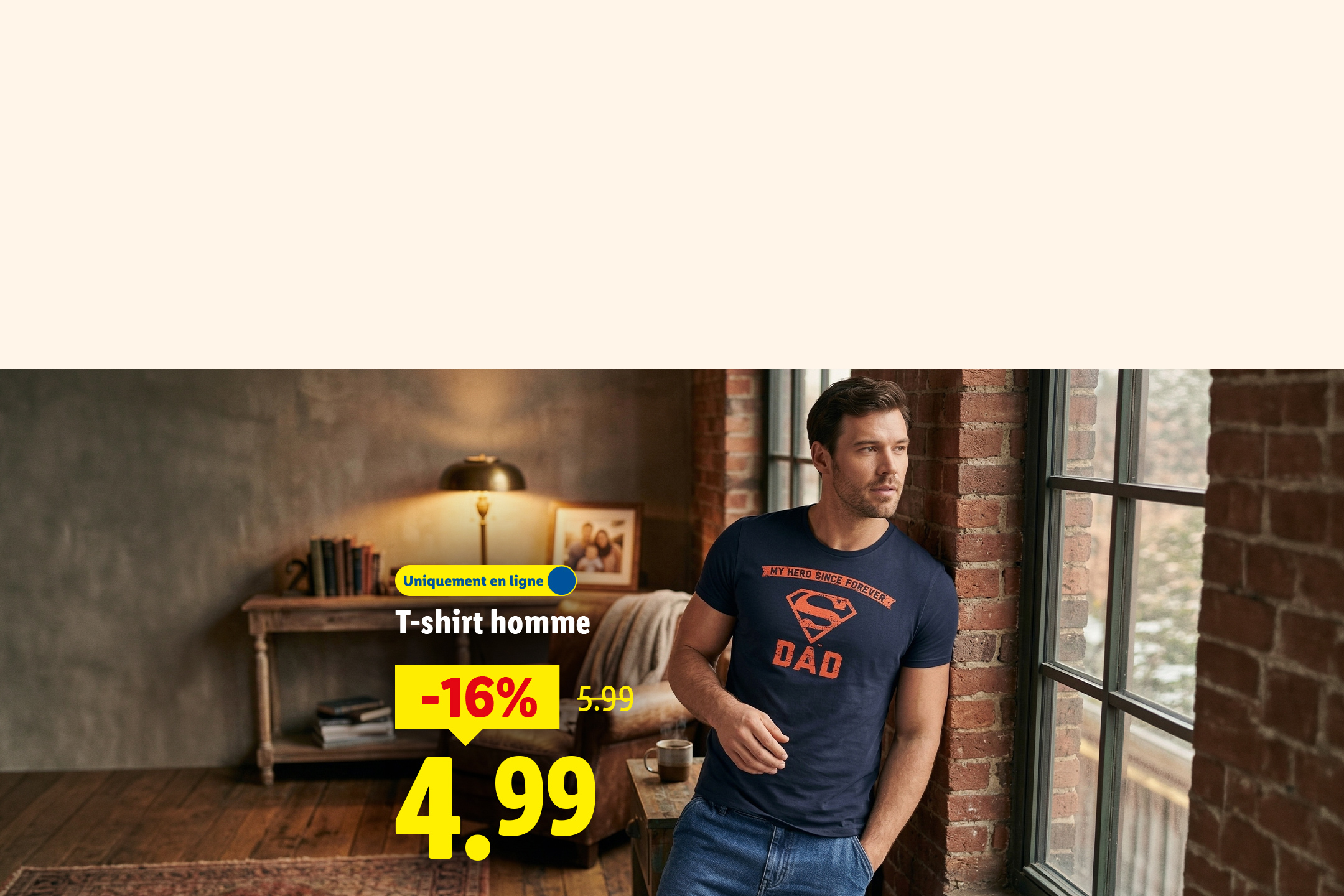 T-shirt homme bleu marine avec l'inscription 'MY HERO SINCE FOREVER DAD' en orange, en promotion à 4,99€.