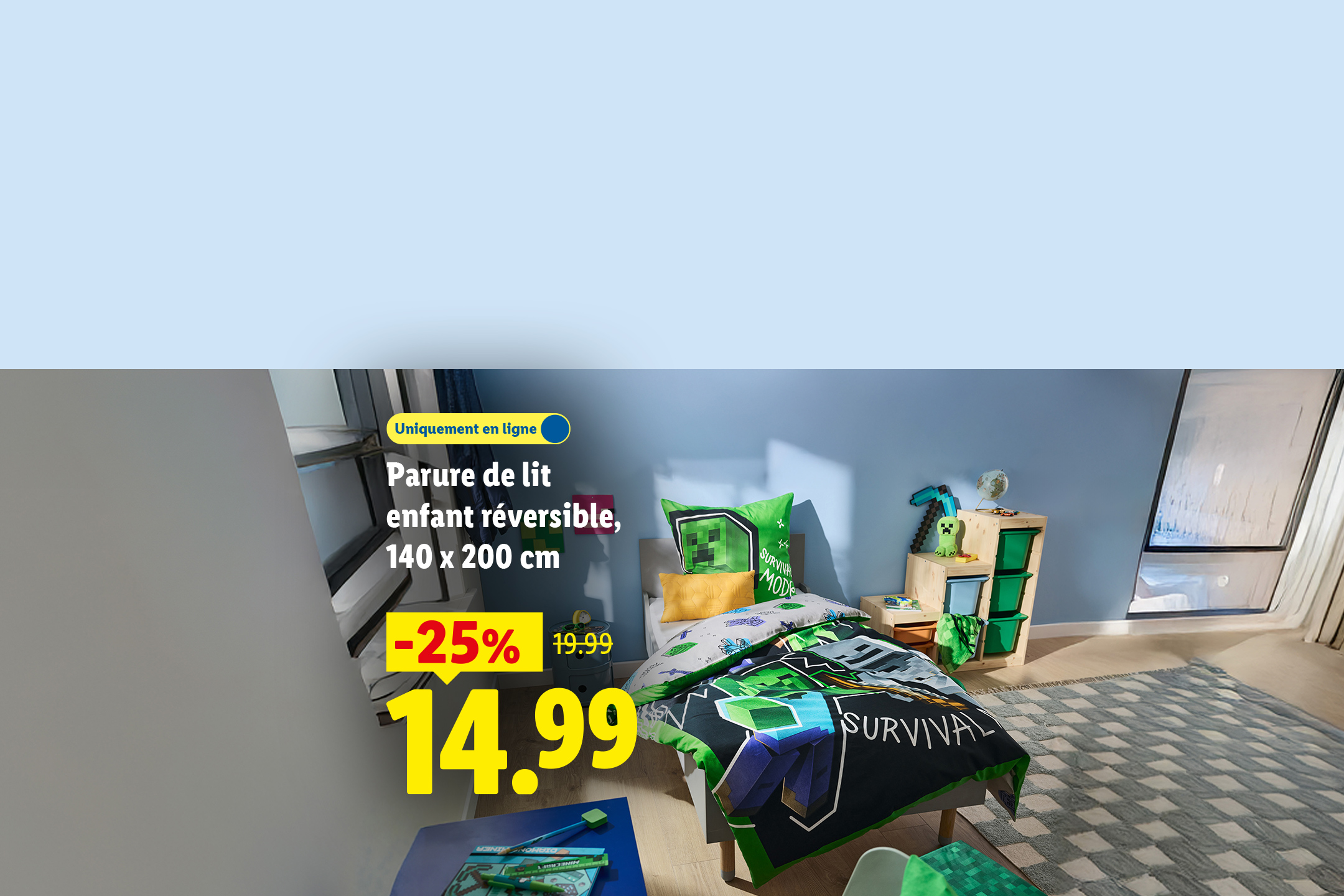 Parure de lit enfant réversible 140x200 cm, motif jeu vidéo, en promotion à 14,99€.