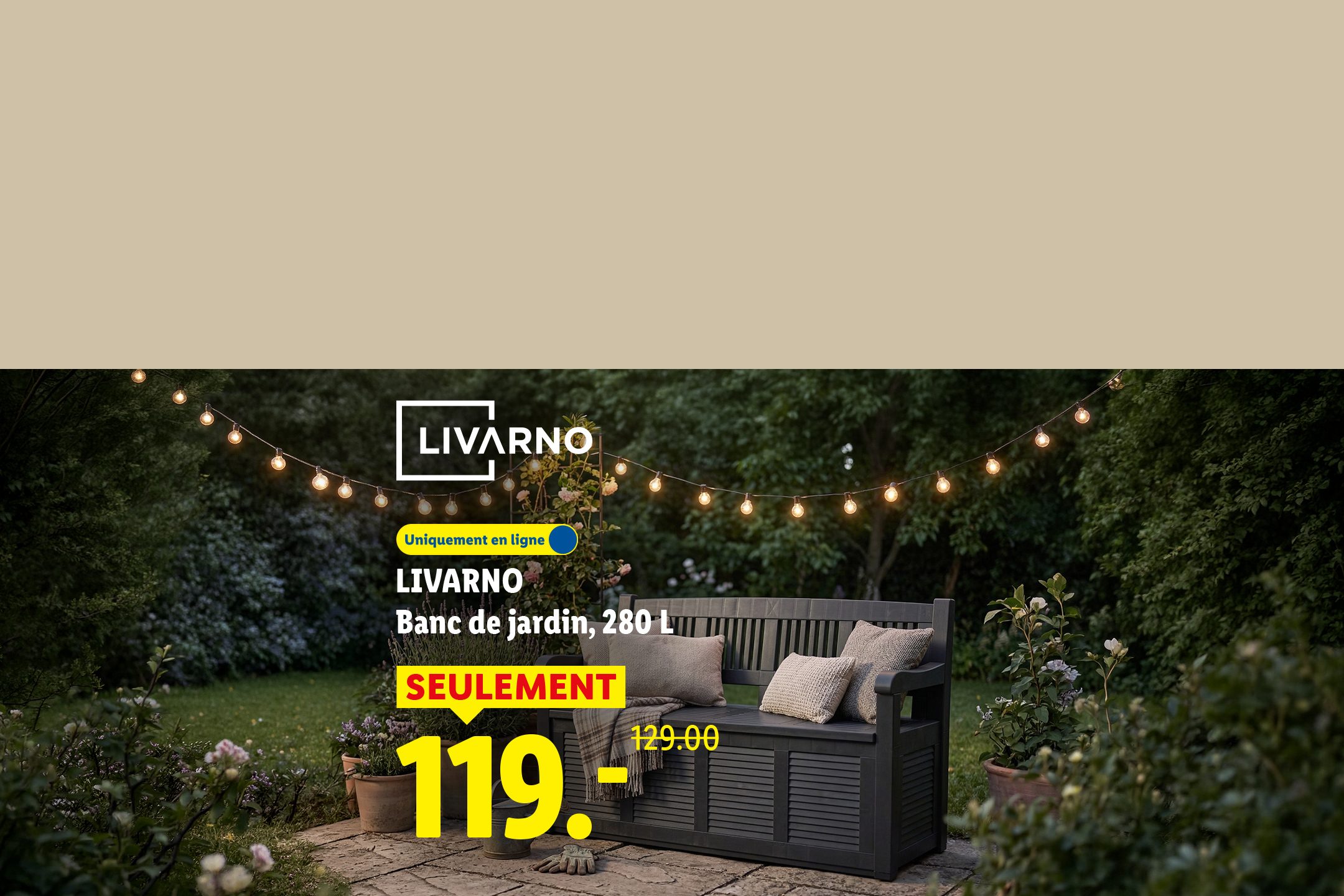 Banc de jardin avec rangement, 280 L, en promotion à 119.- au lieu de 129.-, disponible uniquement en ligne.