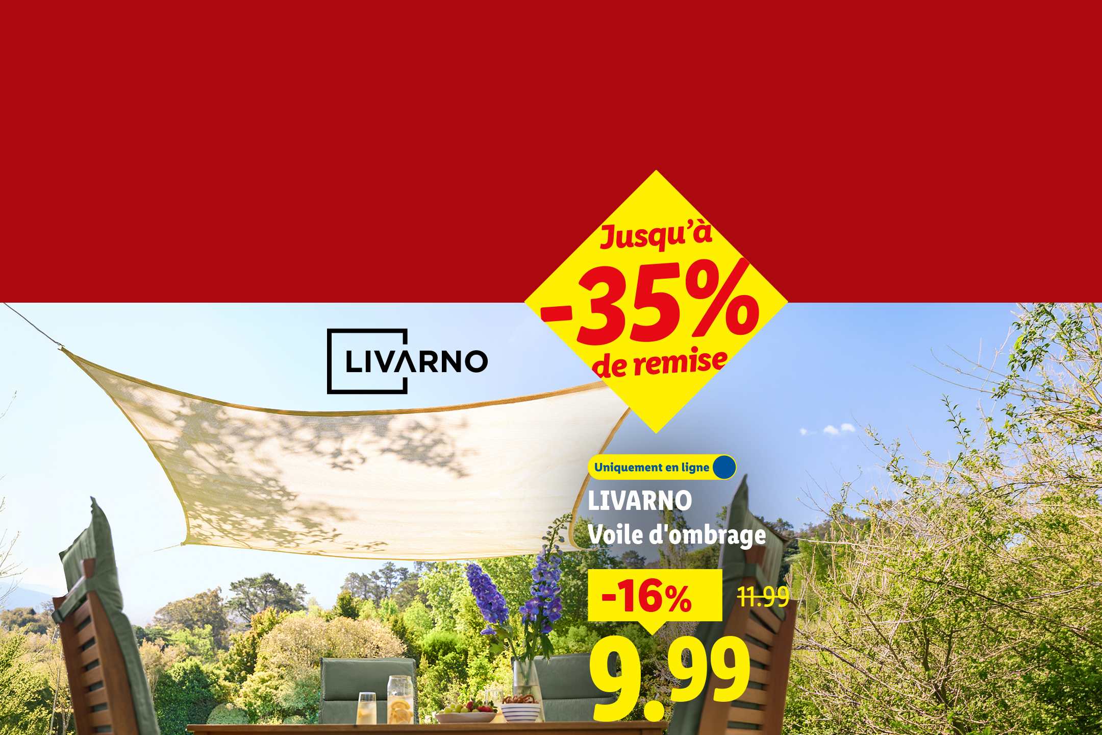 Voile d'ombrage en promotion, avec jusqu'à -35% de remise, affichant un prix de 9,99€.