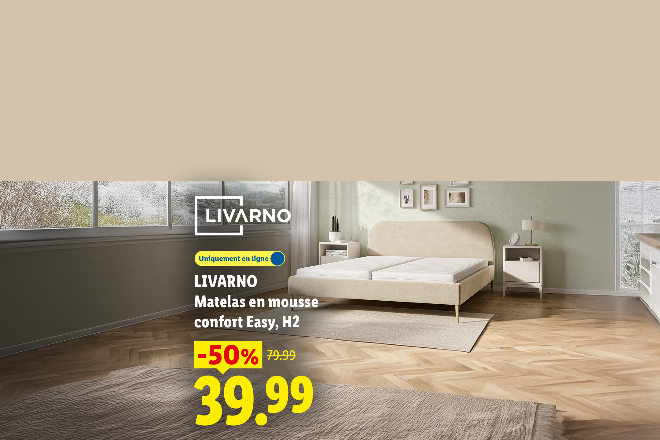 Un matelas en mousse confort Easy, H2, avec une réduction de 50%, affiché à 39,99€ au lieu de 79,99€.