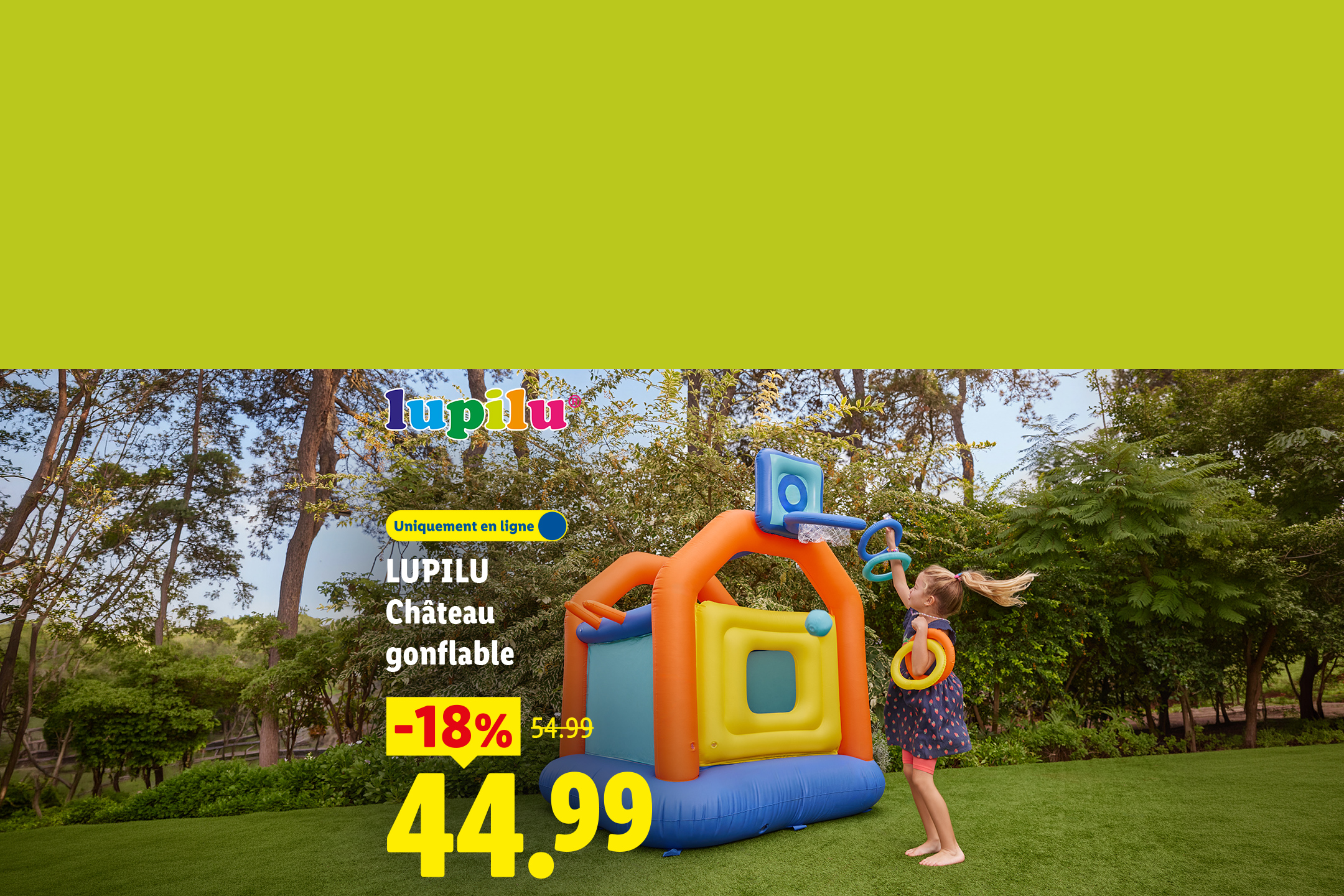 Château gonflable pour enfants avec un panier de basket, en promotion à 44,99 €.