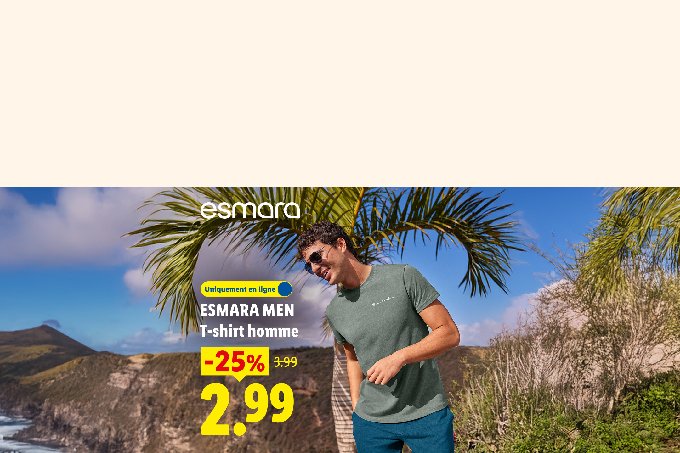 T-shirt homme en promotion à 2,99€, avec une réduction de 25% sur le prix initial de 3,99€.