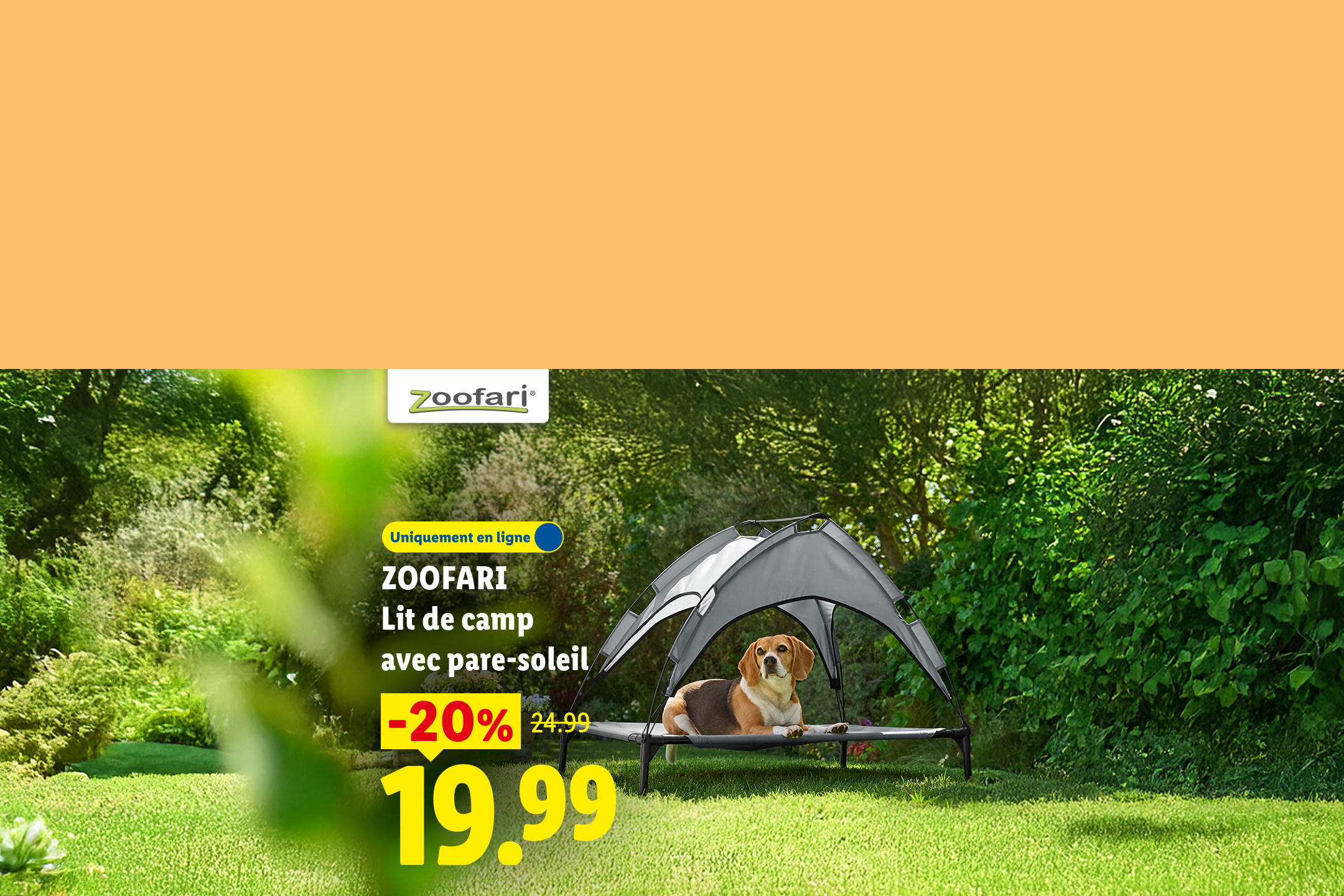 Lit de camp pour chien avec pare-soleil, en promotion à 19,99 €.
