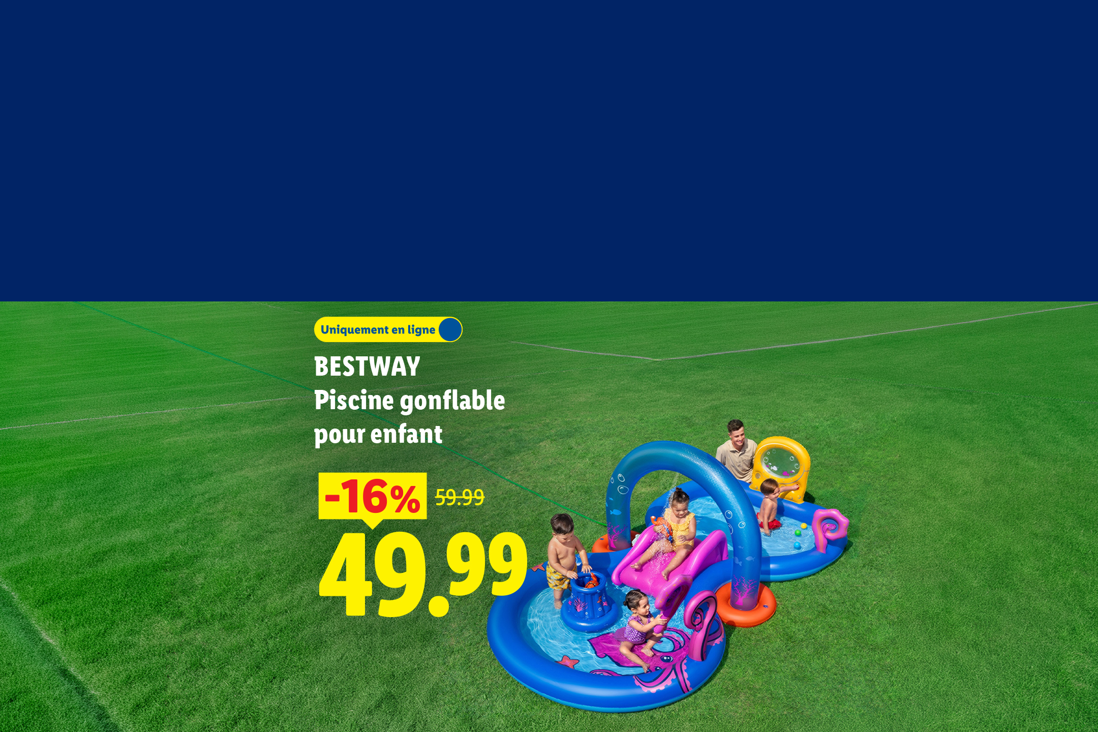 Piscine gonflable pour enfant avec toboggan, prix réduit de 16% à 49,99€.