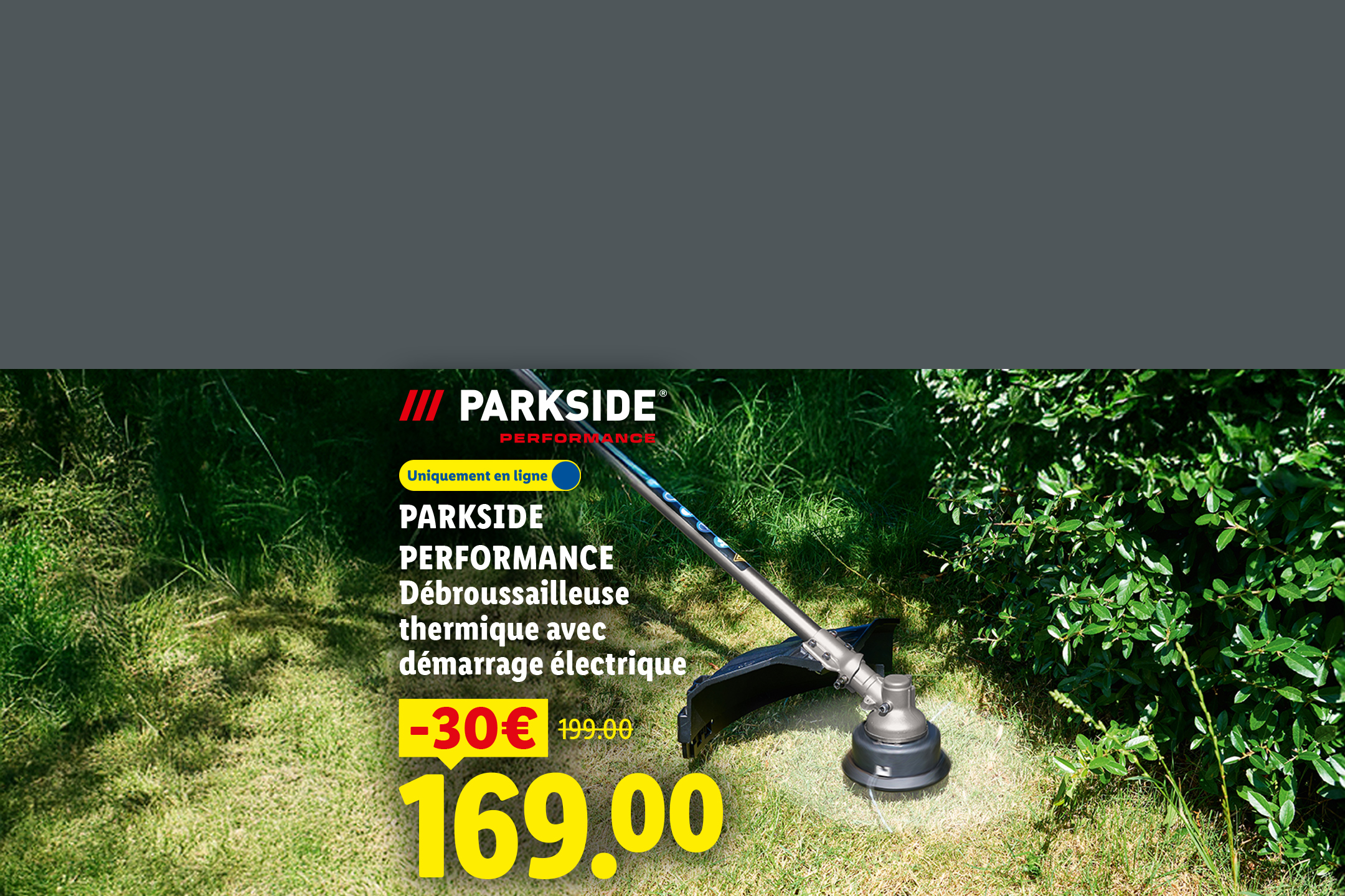 Débroussailleuse thermique avec démarrage électrique, en promotion à 169,00€.