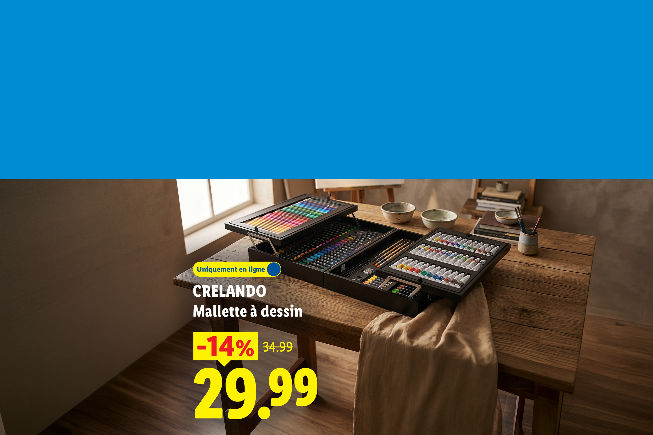 Mallette de dessin avec crayons de couleur, feutres et peintures, en promotion à 29.99€.