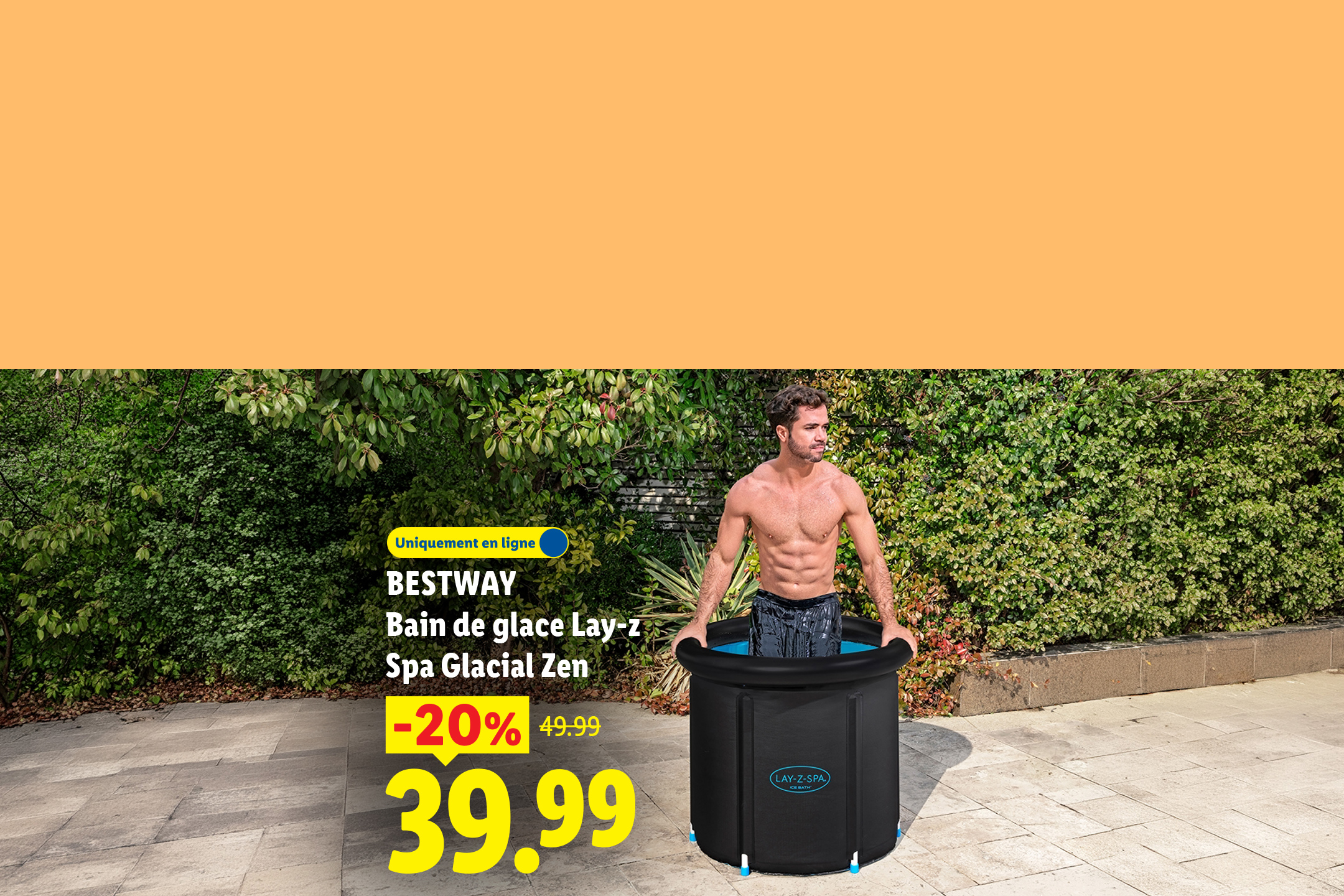 Un homme dans un bain de glace, avec une offre de -20% sur le prix de 49.99€, soit 39.99€.