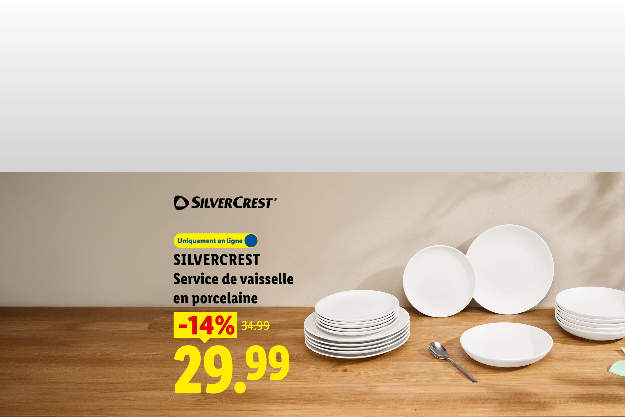 Du 20/07 au 22/07, profitez de -14% de remise sur notre service de vaisselle en porcelaine SILVERCREST, à 29,99€ au lieu de 34,99€, uniquement sur Lidl.fr !