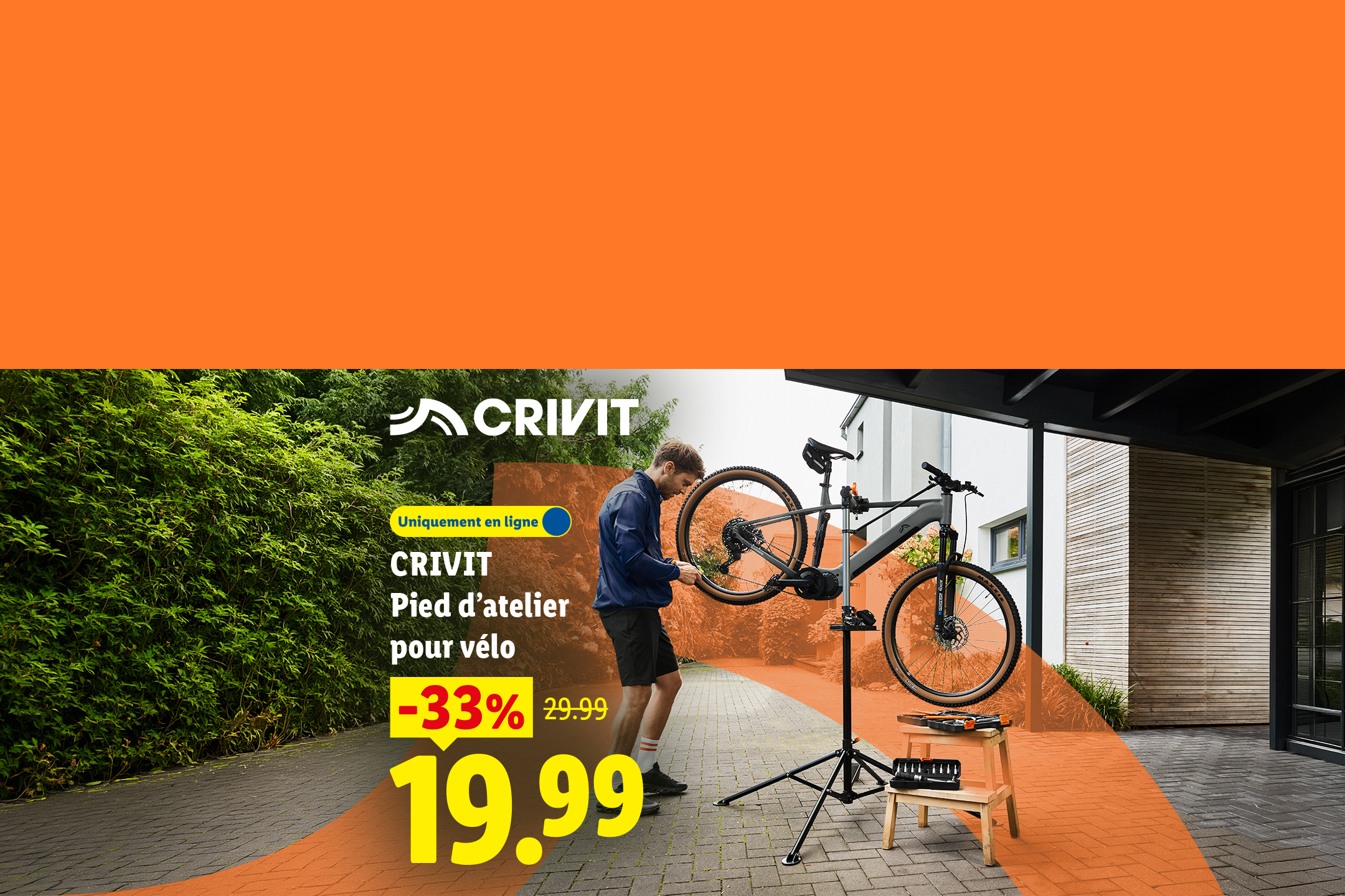 A partir du lundi 27/07, profitez de -33% sur notre pied d'atelier pour vélo CRIVIT, à 19,99€ au lieu de 29,99€, uniquement sur Lidl.fr !