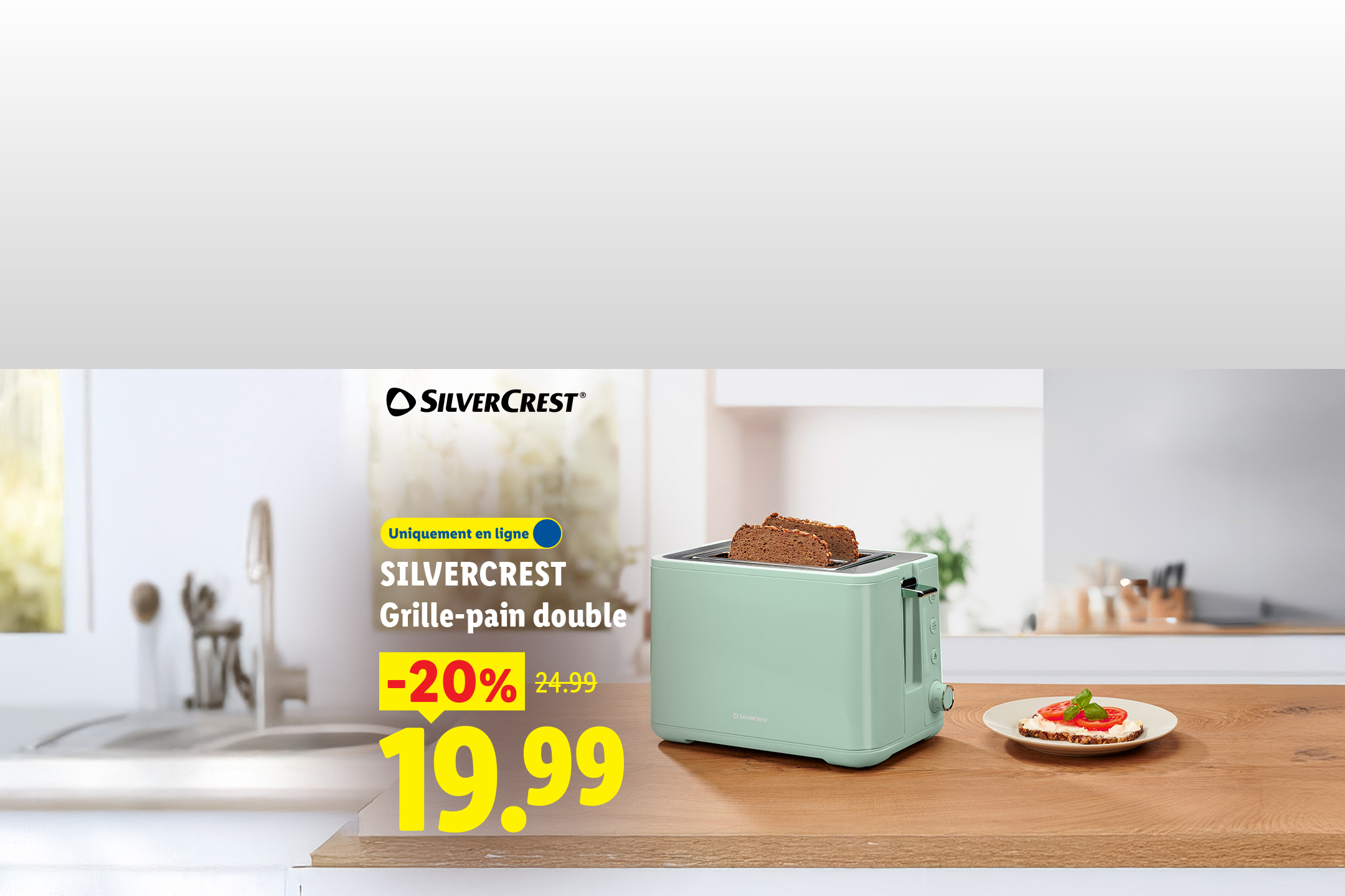 Grille-pain double vert menthe avec du pain grillé, affichant une réduction de 20% à 19,99€.