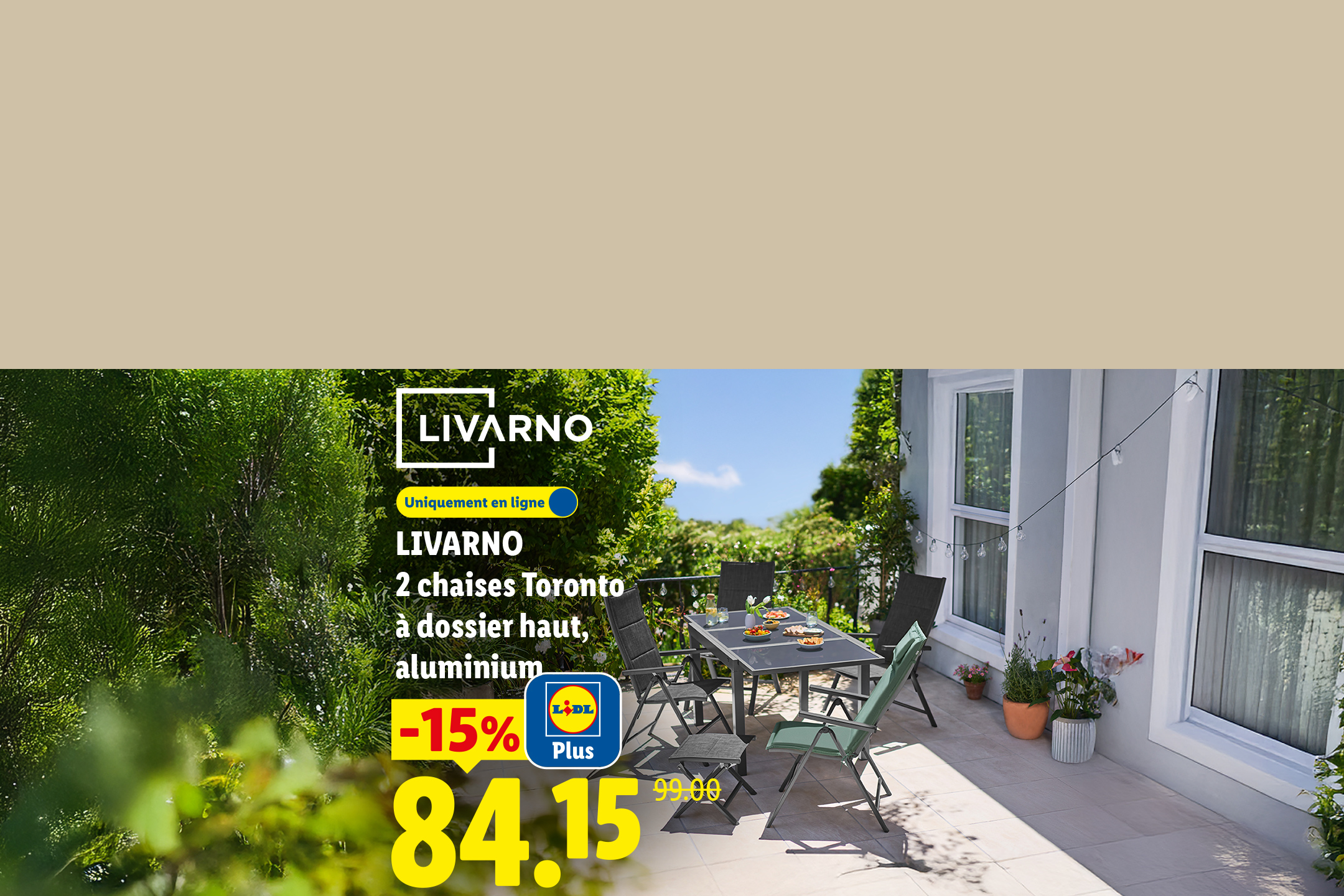 Ensemble de jardin avec table et chaises, réduction de 15% sur 2 chaises Toronto à dossier haut en aluminium.