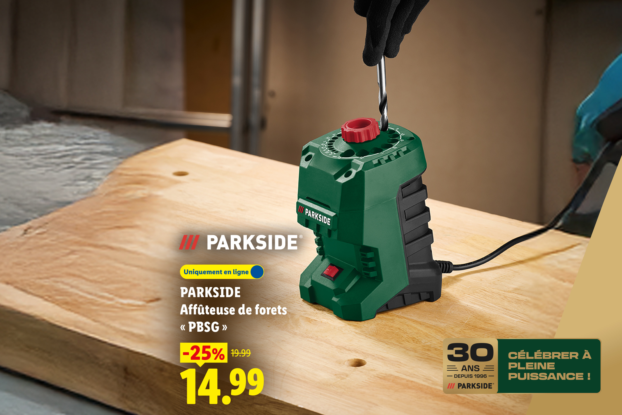 A partir du lundi 24/08, profiter de notre affûteuse de forets PARKSIDE avec une réduction de 25% à 14,99€, au lieu de 19,99€, seulement sur Lidl.fr !