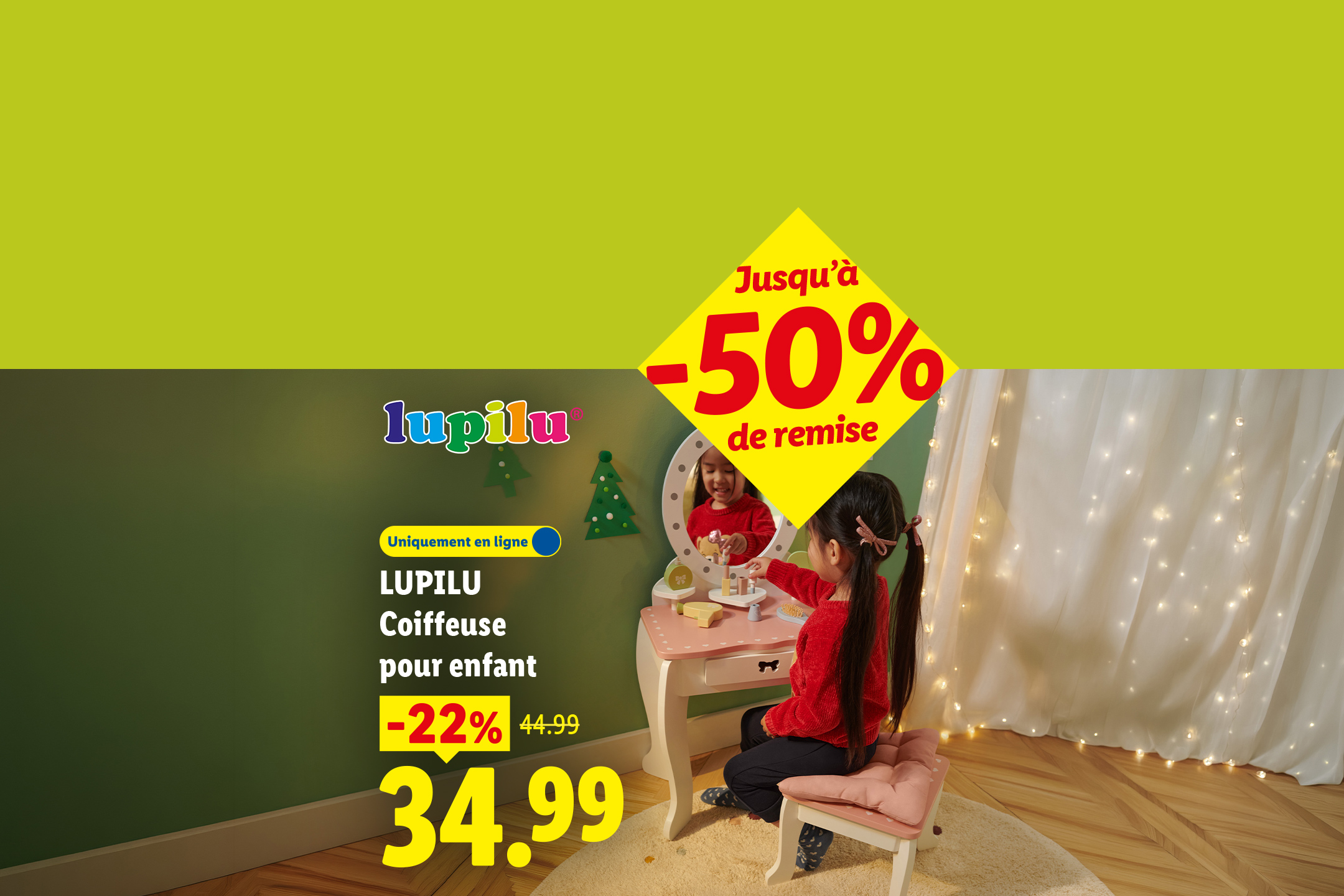 Coiffeuse pour enfant en bois avec miroir et tabouret en promotion.