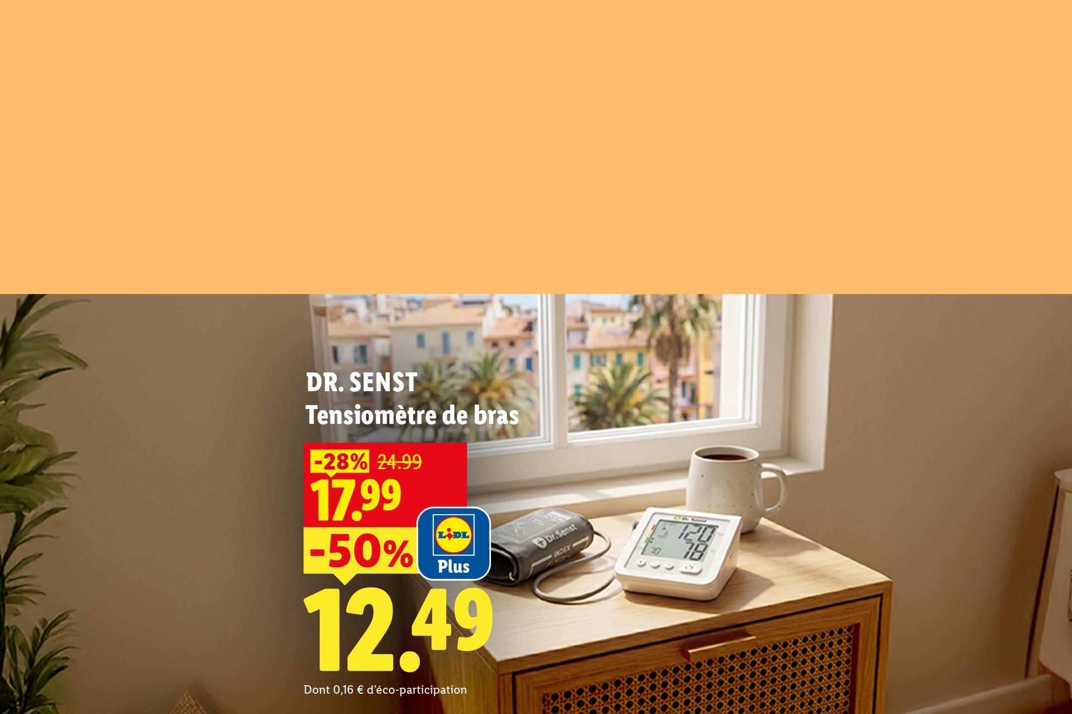 Tensiomètre de bras en promotion, affichant une réduction de 50% à 12,49 €.