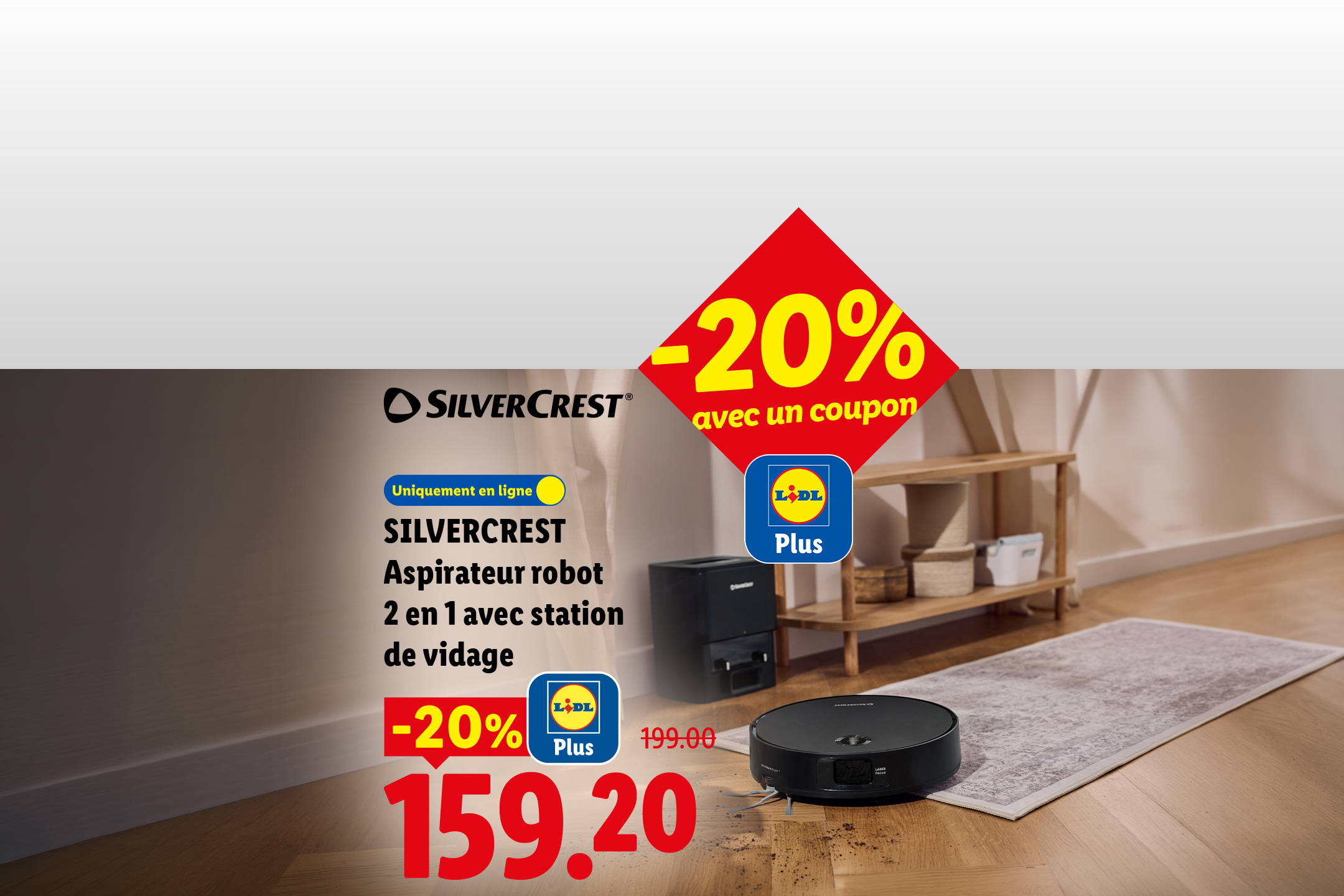 Aspirateur robot 2 en 1 avec station de vidage, en promotion à 159,20€ au lieu de 199,00€.