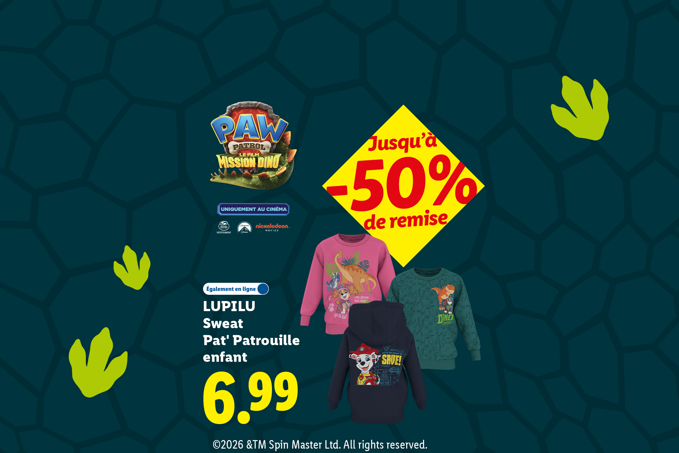 Publicité pour des sweats enfant Pat' Patrouille à 6,99€, avec jusqu'à -50% de remise.