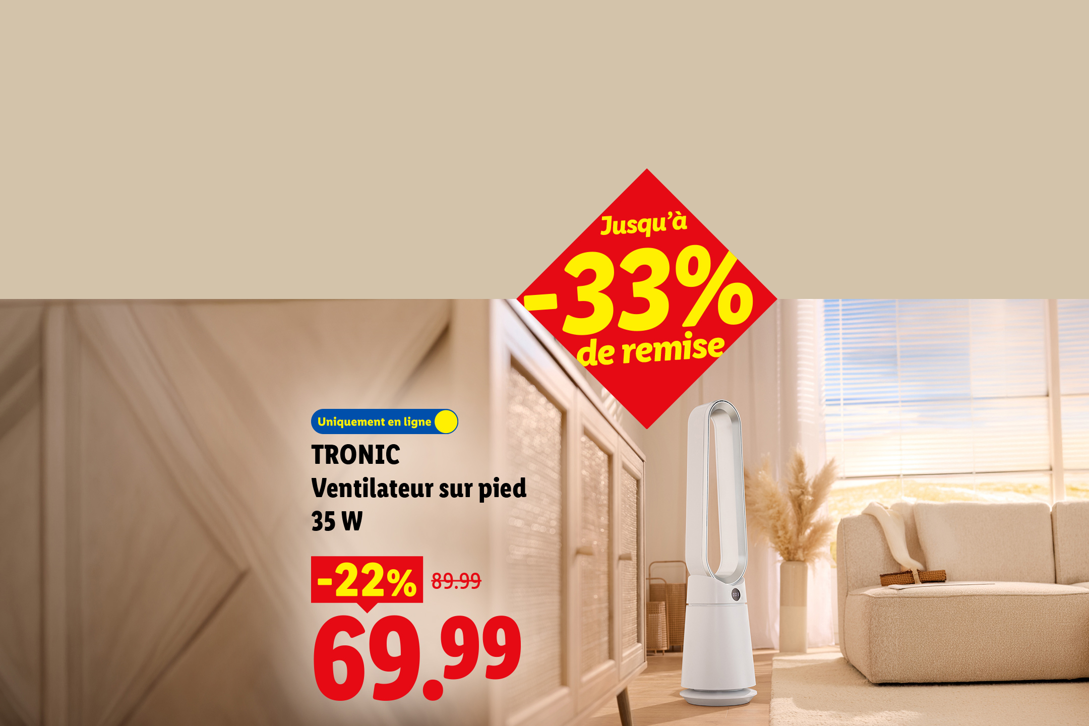 Un ventilateur sur pied blanc en promotion, avec des réductions allant jusqu'à -33%.