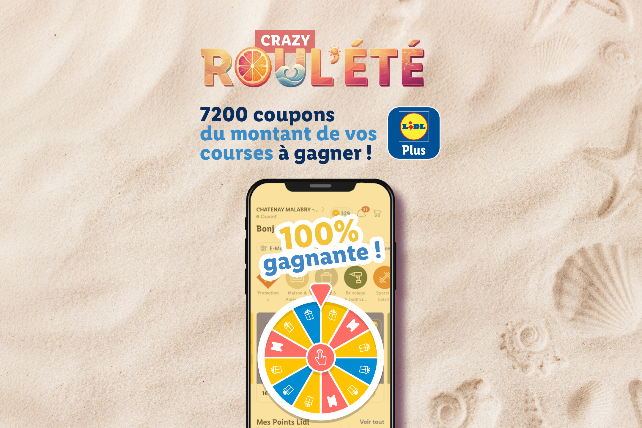 Une application mobile avec une roue de la fortune sur un fond de sable, offrant des coupons pour des courses.