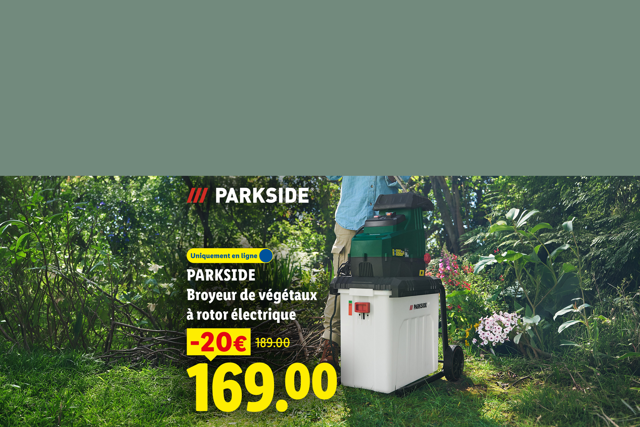 Un broyeur de végétaux électrique en promotion, avec une réduction de 20€, affiché à 169€.