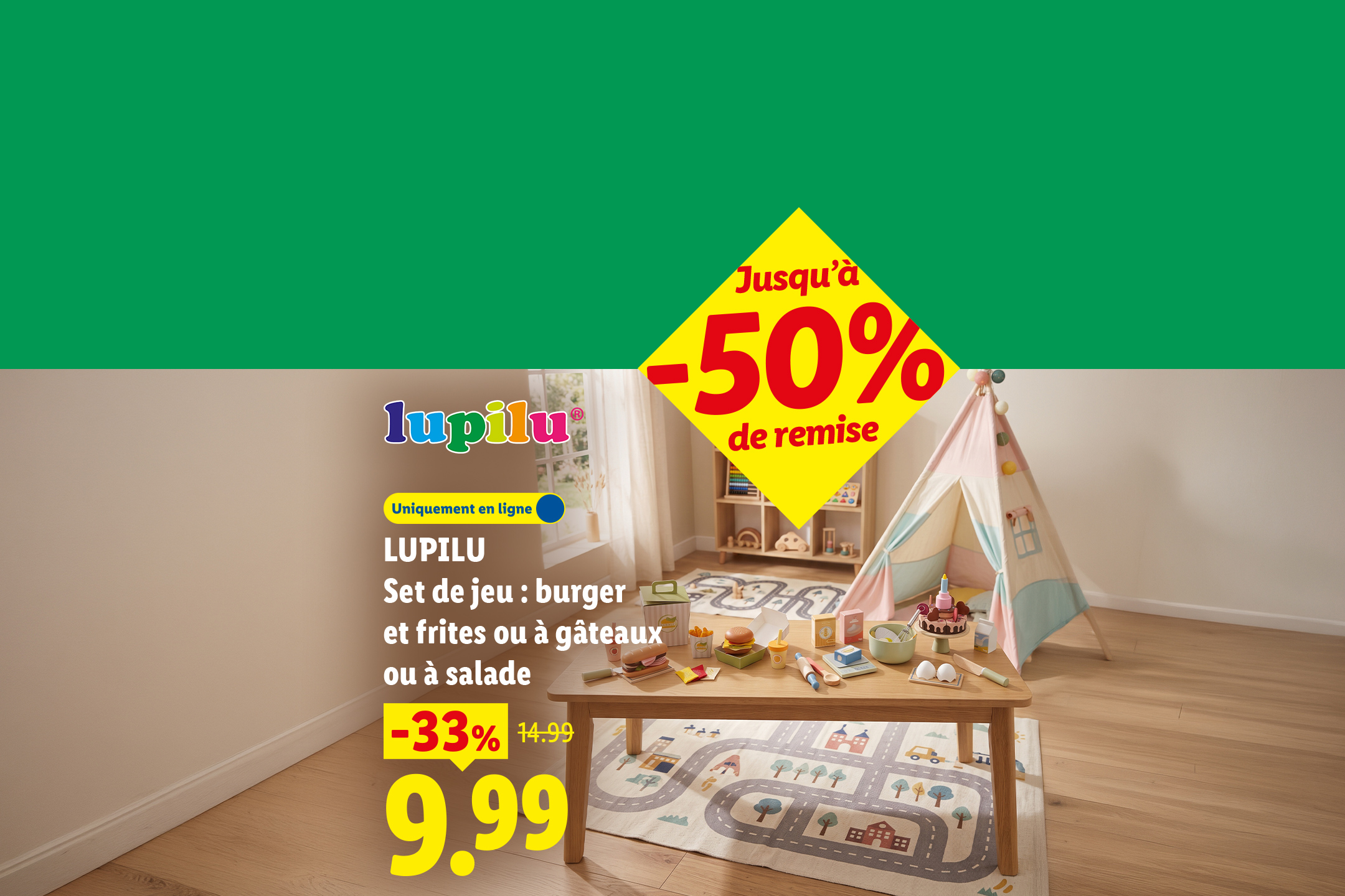 Set de jeu d'imitation en bois pour enfant sur une table basse à 9.99€ au lieu de 14.99€ soit -33% de réduction.
