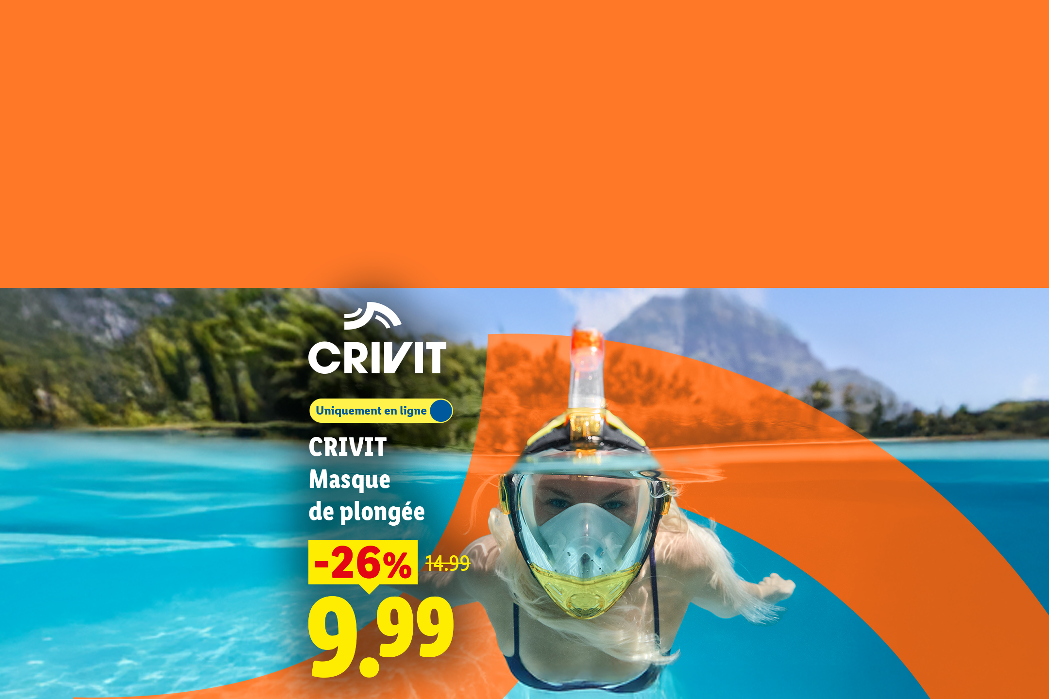 Masque de plongée intégral avec tuba intégré, femme sous l'eau, -26% de réduction, 9.99€.