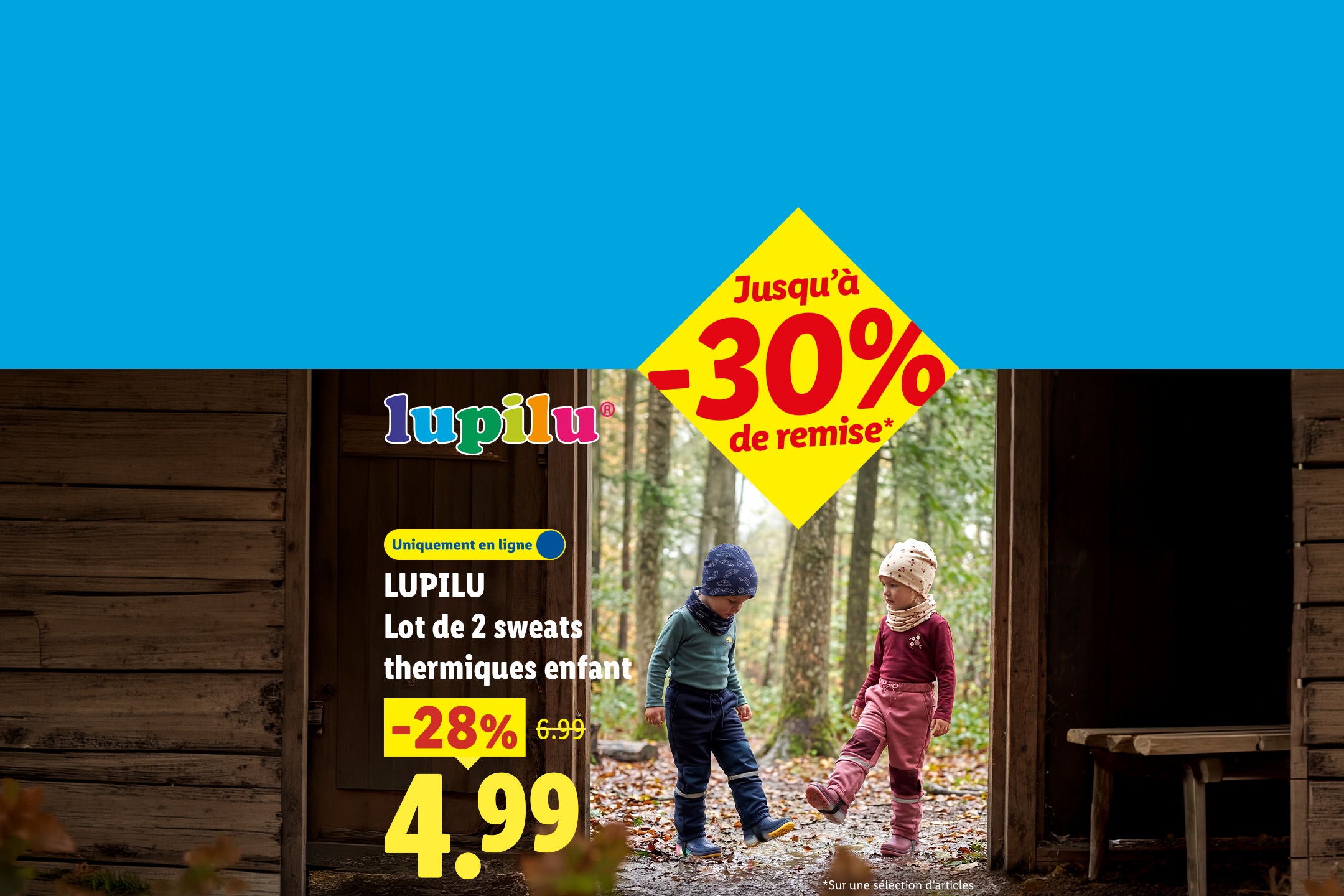 Deux enfants portant des sweats thermiques et des bonnets, avec une offre de -30% sur une sélection d'articles et -28% sur un lot de 2 sweats thermiques.