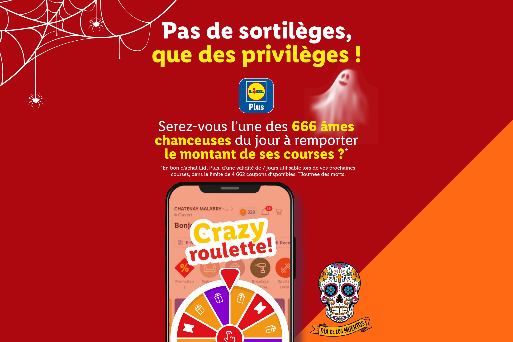 Roulette d'Halloween à faire tourner sur Lidl Plus pour gagner le remboursement de ses courses en bon d'achat. 666 gagnants