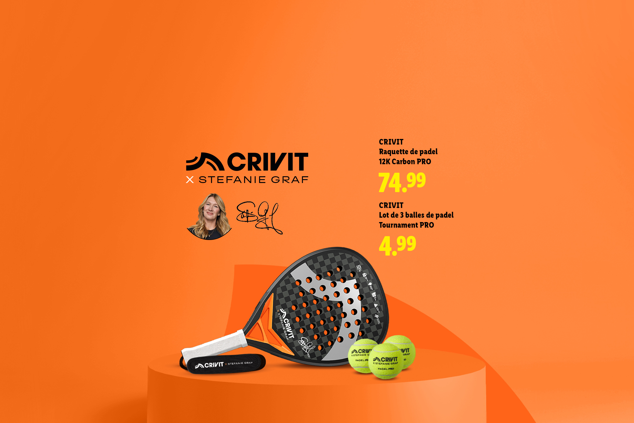 Raquette de padel et trois balles de padel sur fond orange, avec une photo de Stefanie Graf.