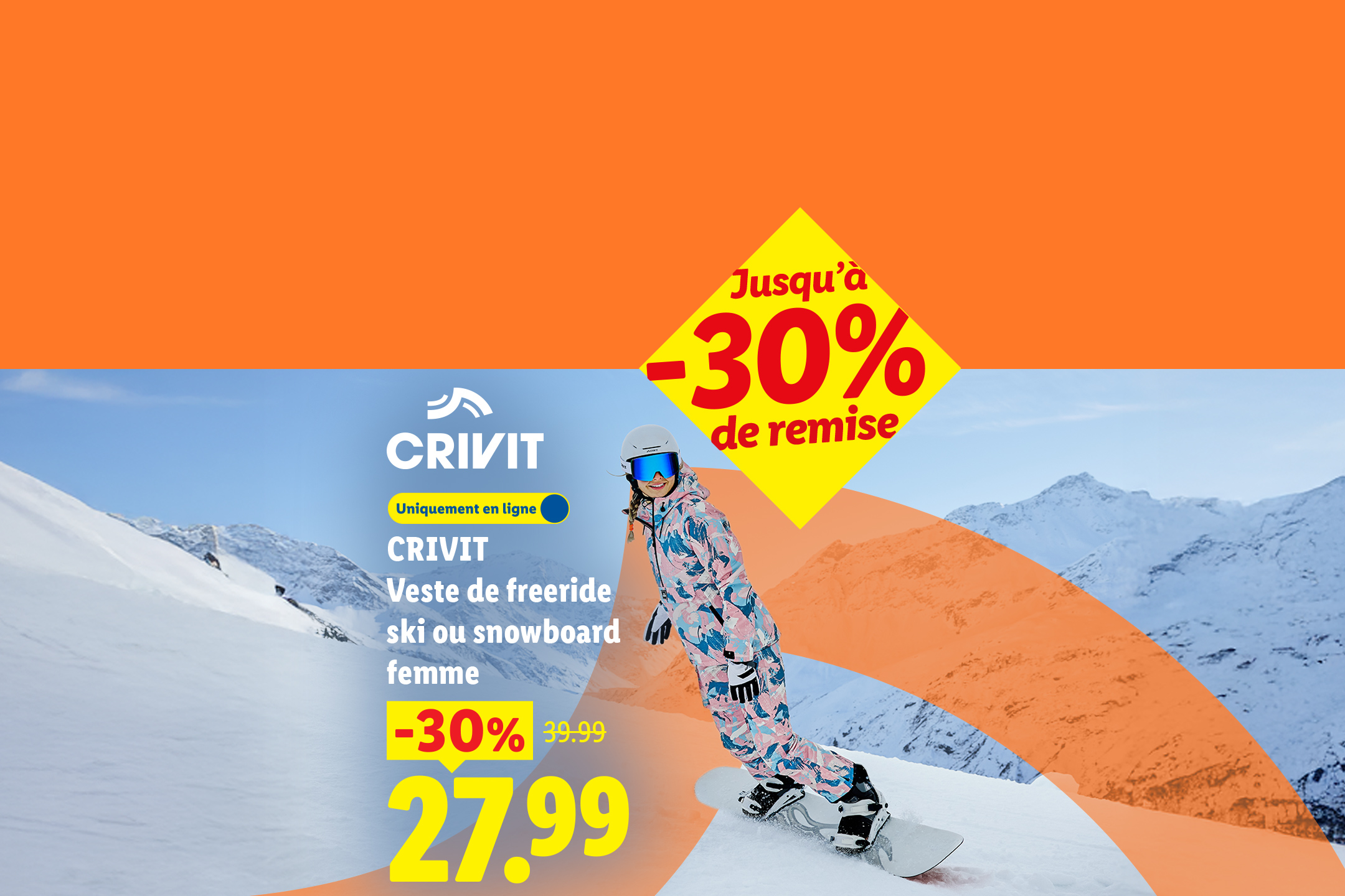 A partir du lundi 19/10, Veste de freeride ski ou snowboard femme à 17.99€ au lieu de 22.99€. Jusqu'à -30% sur une sélection de produits sport d'hiver.